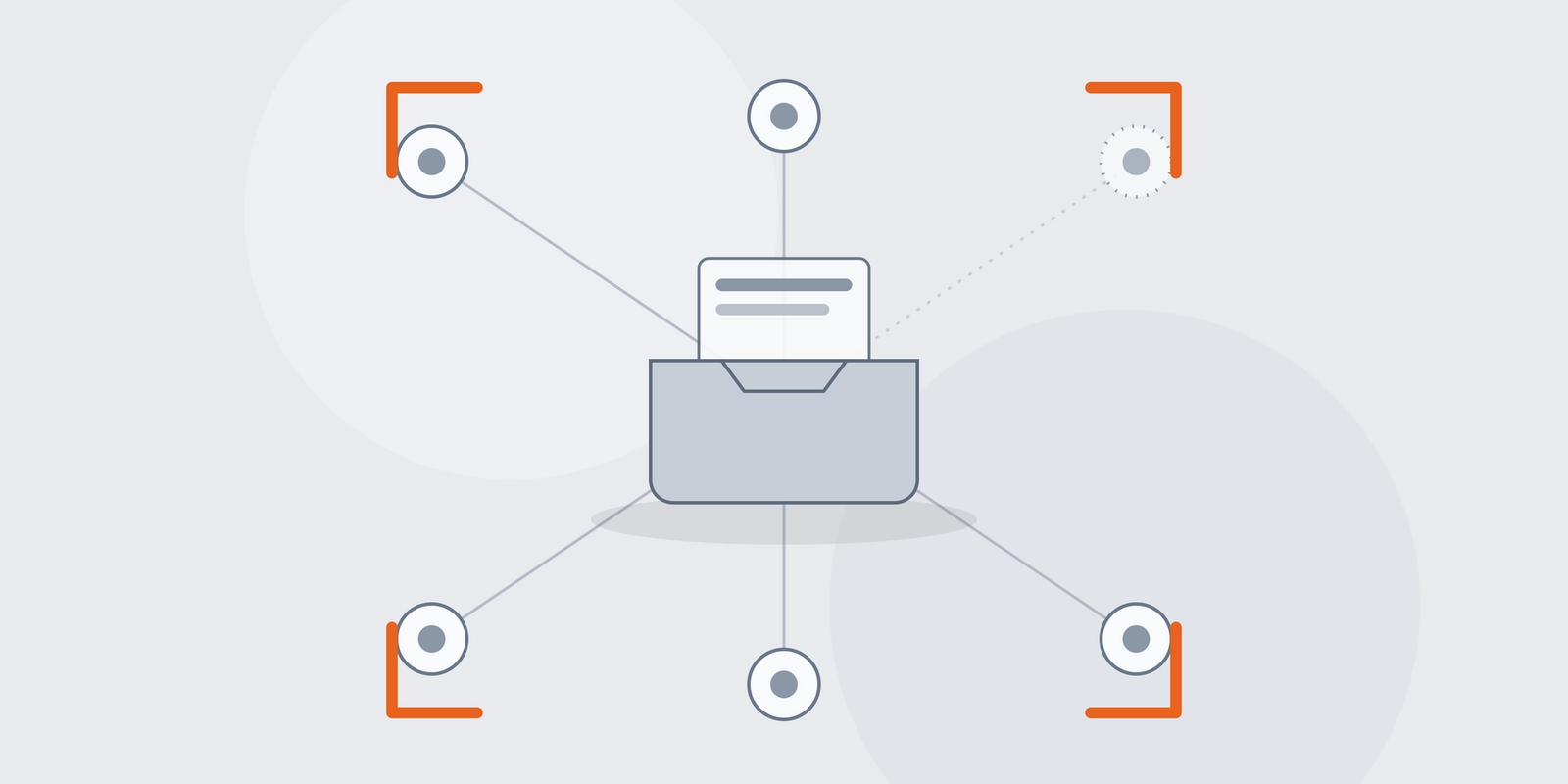 Abstract illustration of a shared mailbox at the centre of a hub with six slate owner-nodes connected around it — one faint and dotted — framed by orange recognition brackets.
