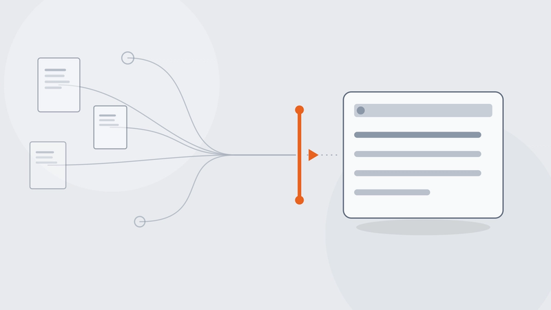 Abstract illustration of scattered, ownerless work-fragments converging along thin connectors through an orange threshold and resolving into a single well-defined, bounded capability.