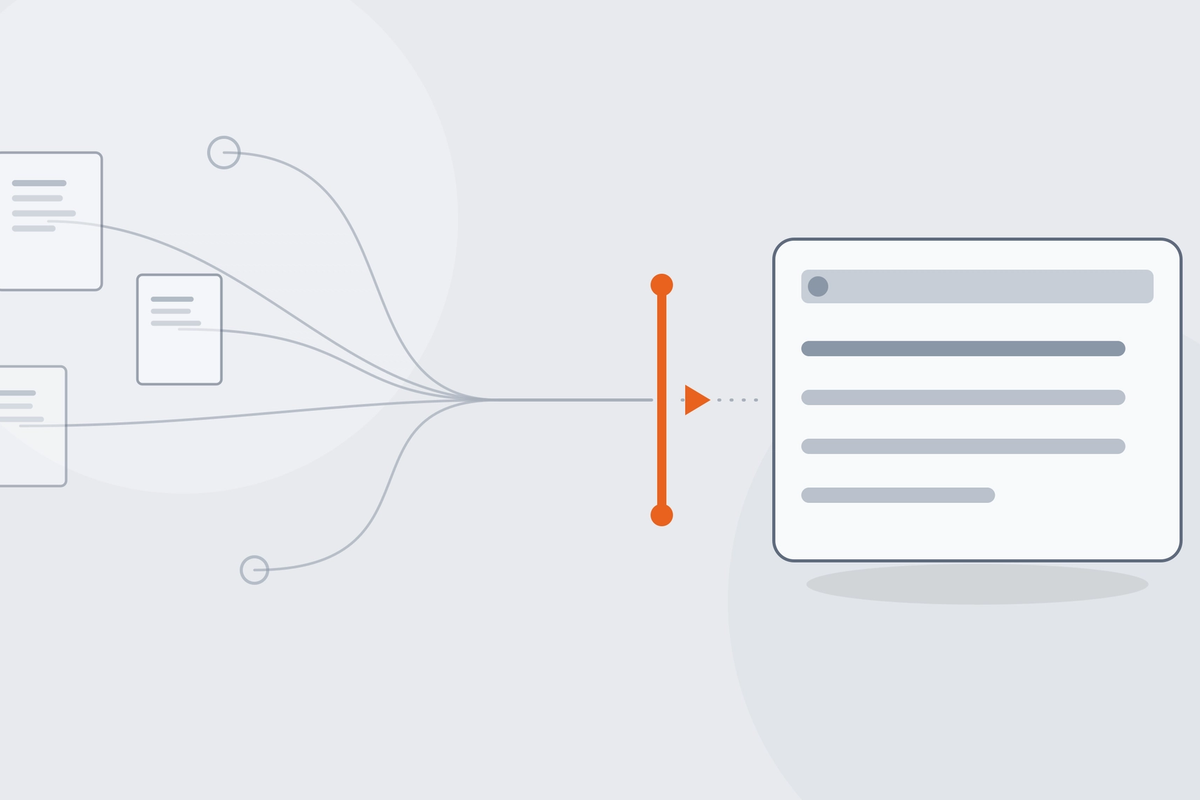 Abstract illustration of scattered, ownerless work-fragments converging along thin connectors through an orange threshold and resolving into a single well-defined, bounded capability.