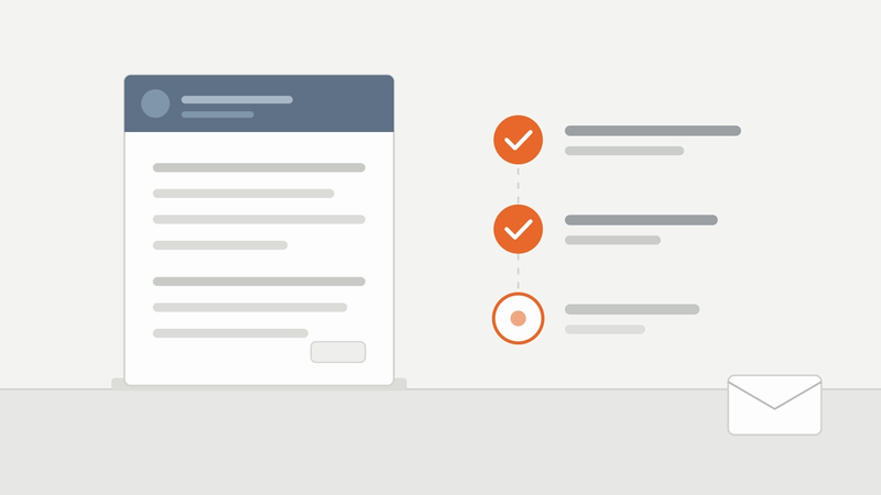 Illustration of an official request being reviewed step by step, with orange check marks marking each stage.