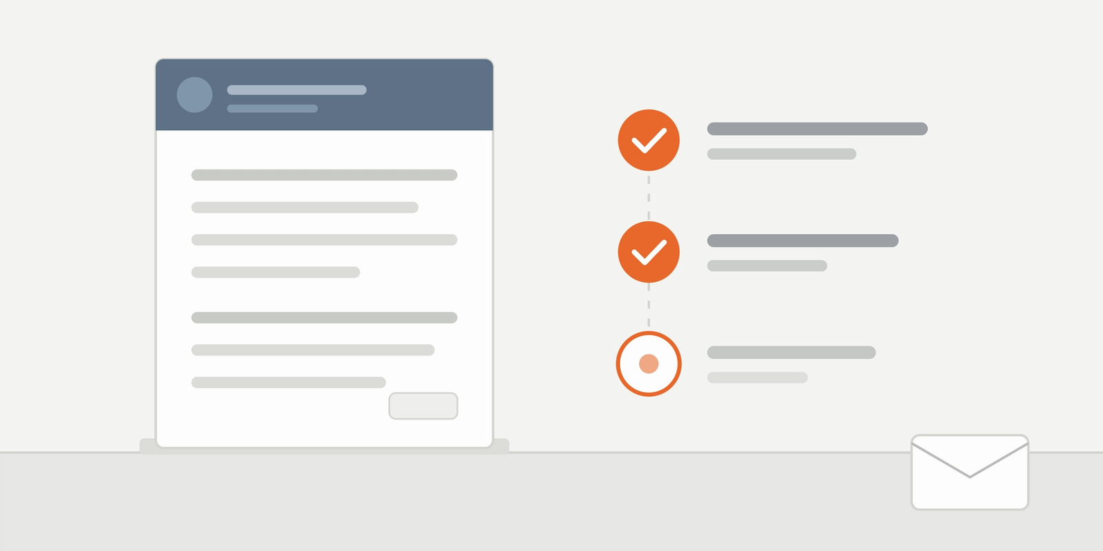 Illustration of an official request being reviewed step by step, with orange check marks marking each stage.