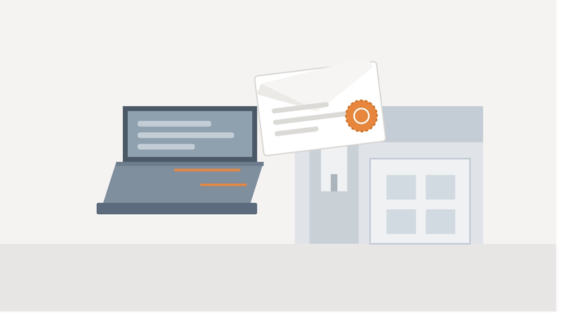 Illustration of an official data request arriving at a small business on a laptop, with an orange accent on the incoming document.