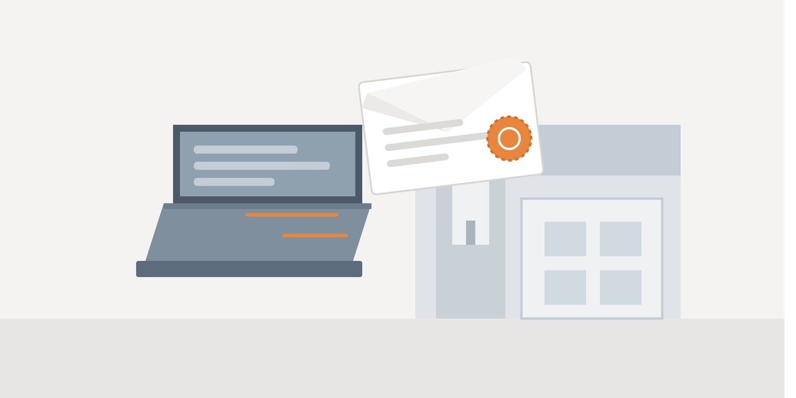 Illustration of an official data request arriving at a small business on a laptop, with an orange accent on the incoming document.