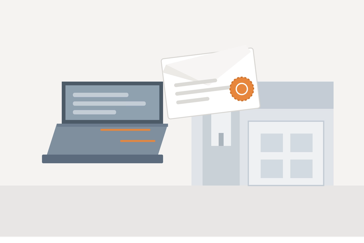 Illustration of an official data request arriving at a small business on a laptop, with an orange accent on the incoming document.