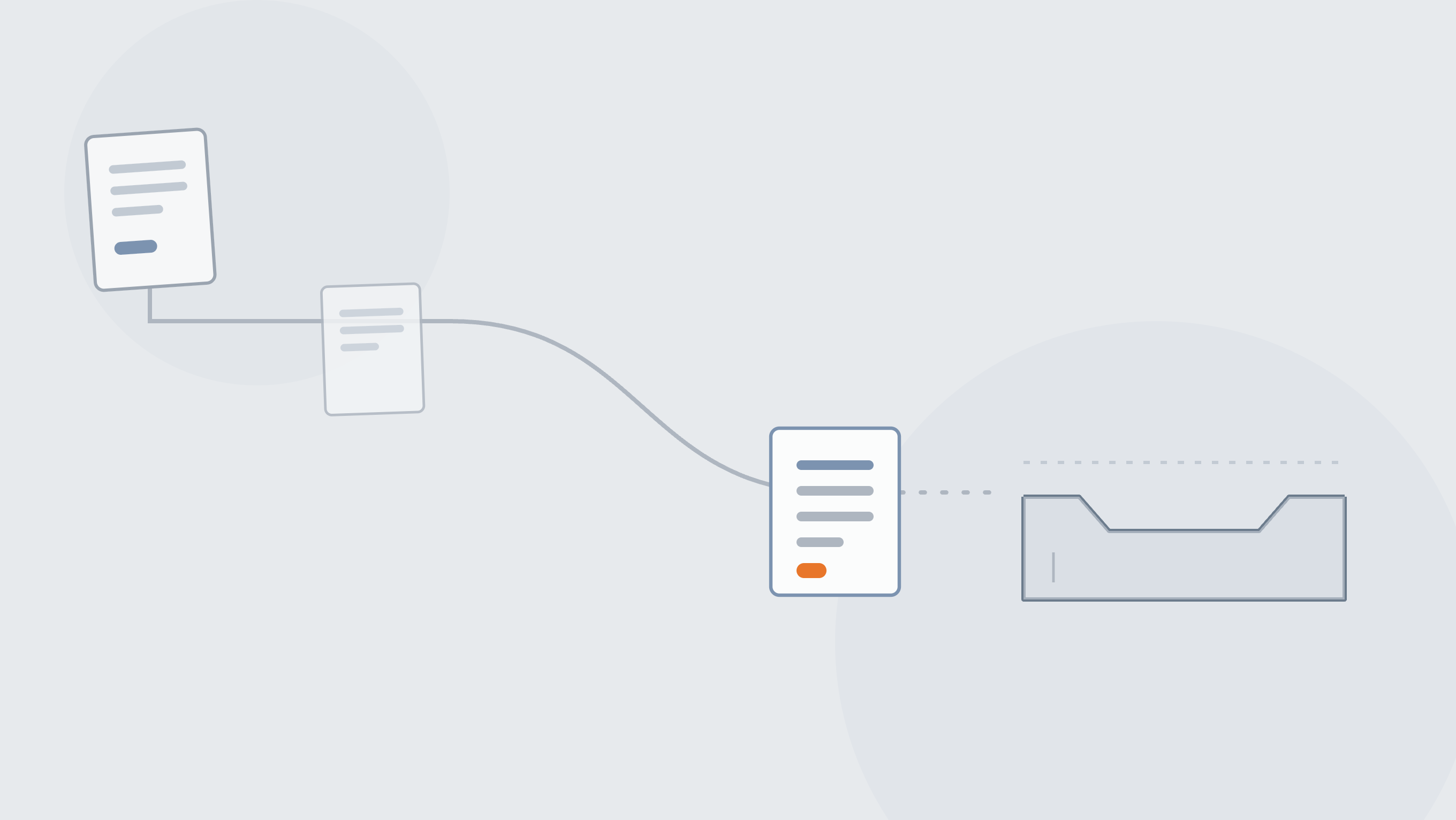 Abstract illustration of an official request following a defined channel into a single structured case, with an orange accent at the verification point.