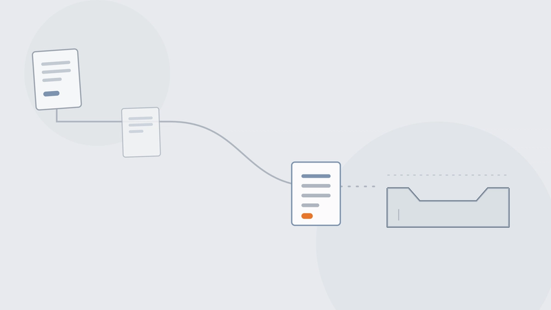 Abstract illustration of an official request following a defined channel into a single structured case, with an orange accent at the verification point.