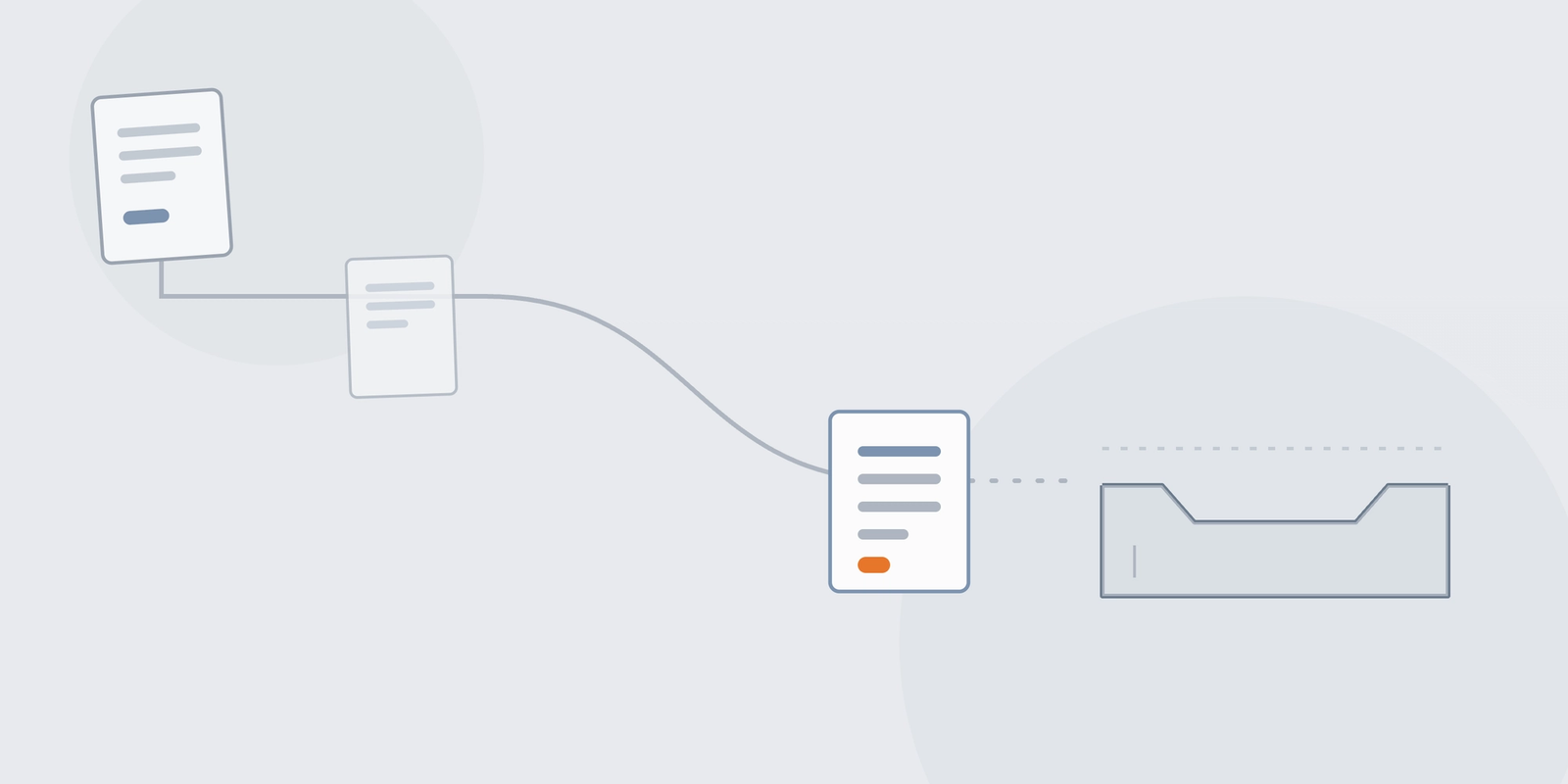 Abstract illustration of an official request following a defined channel into a single structured case, with an orange accent at the verification point.