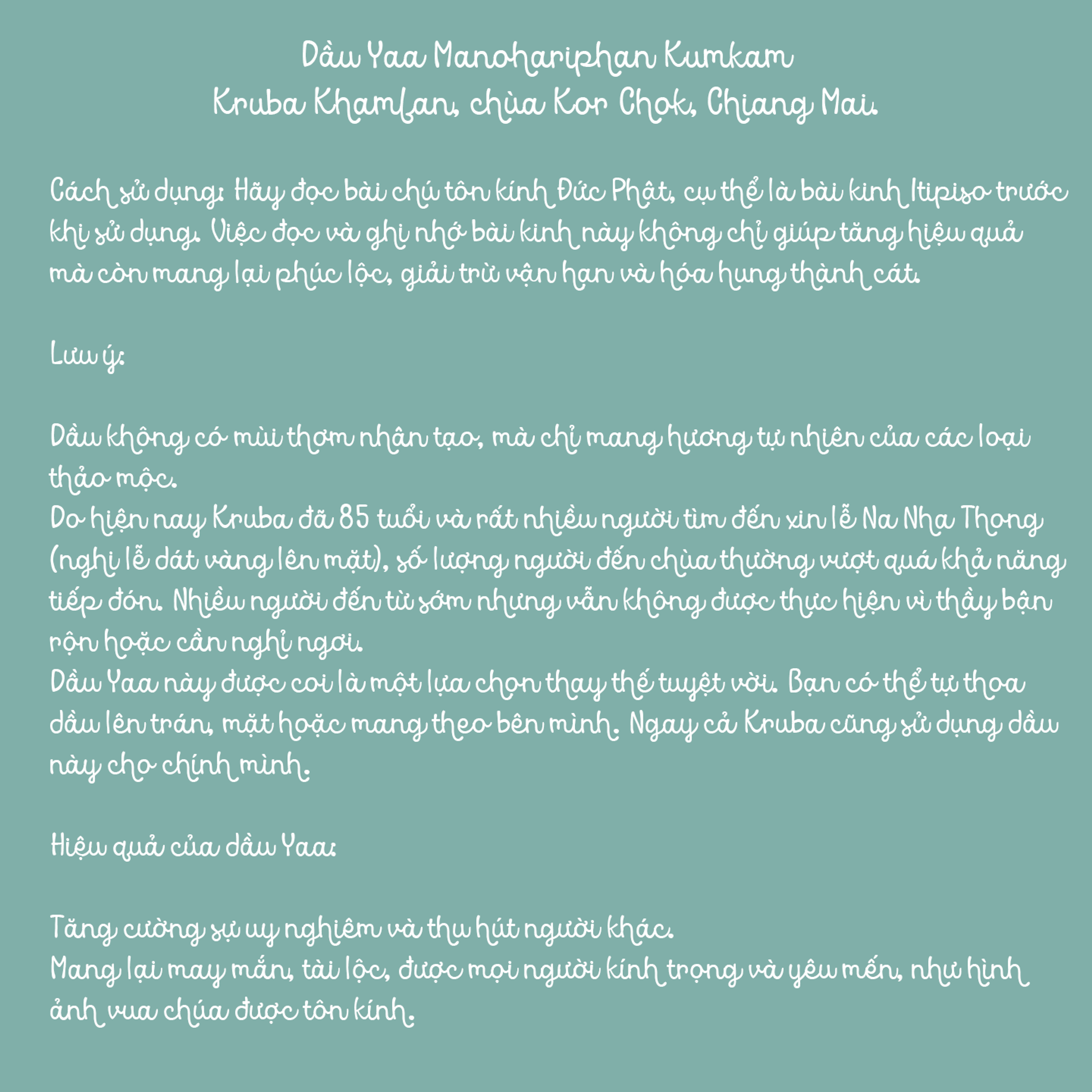 Dầu Yaa Manohariphan Kumkam của Kruba Khamfan (Chùa Kor Chok) — 4