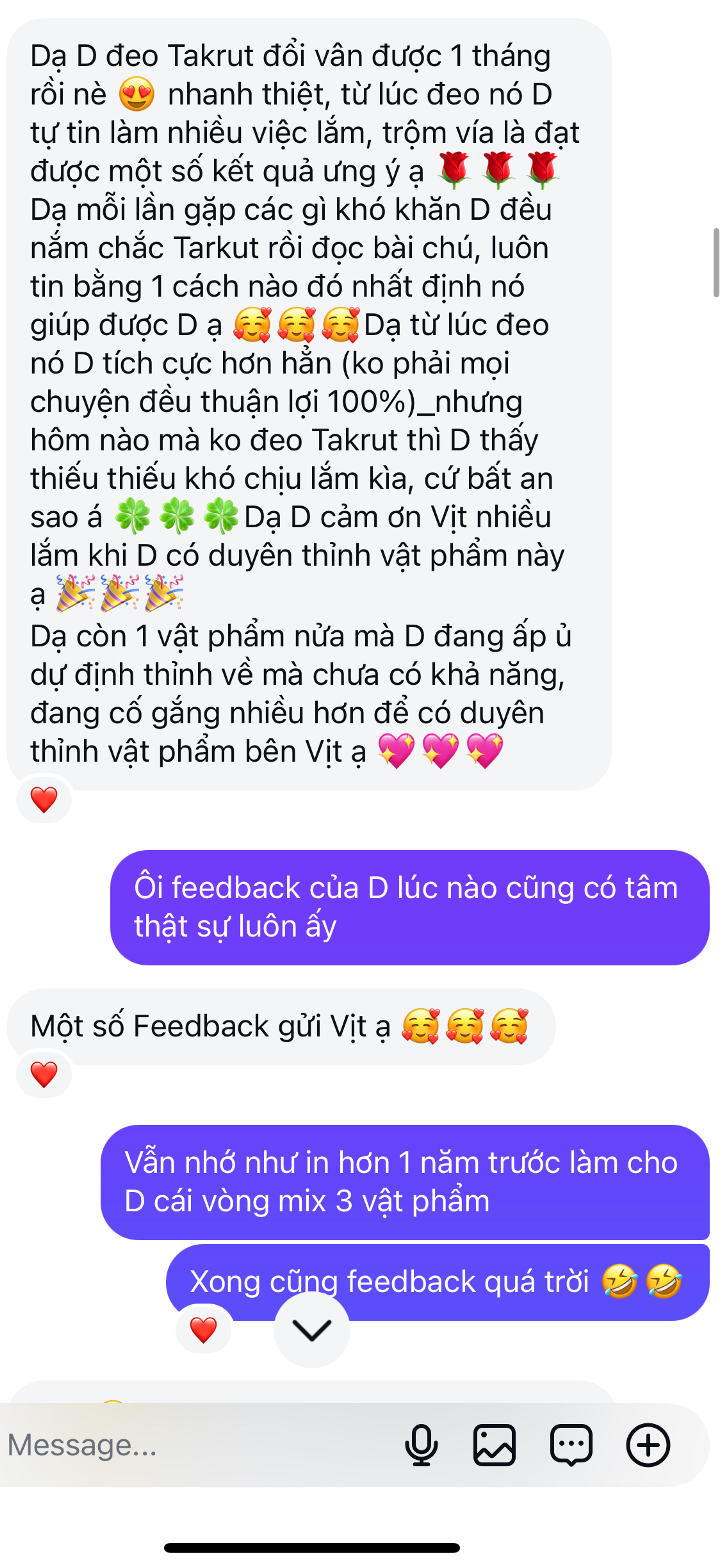 Ảnh chụp lời chia sẻ dài của khách hàng gửi Mutelu.