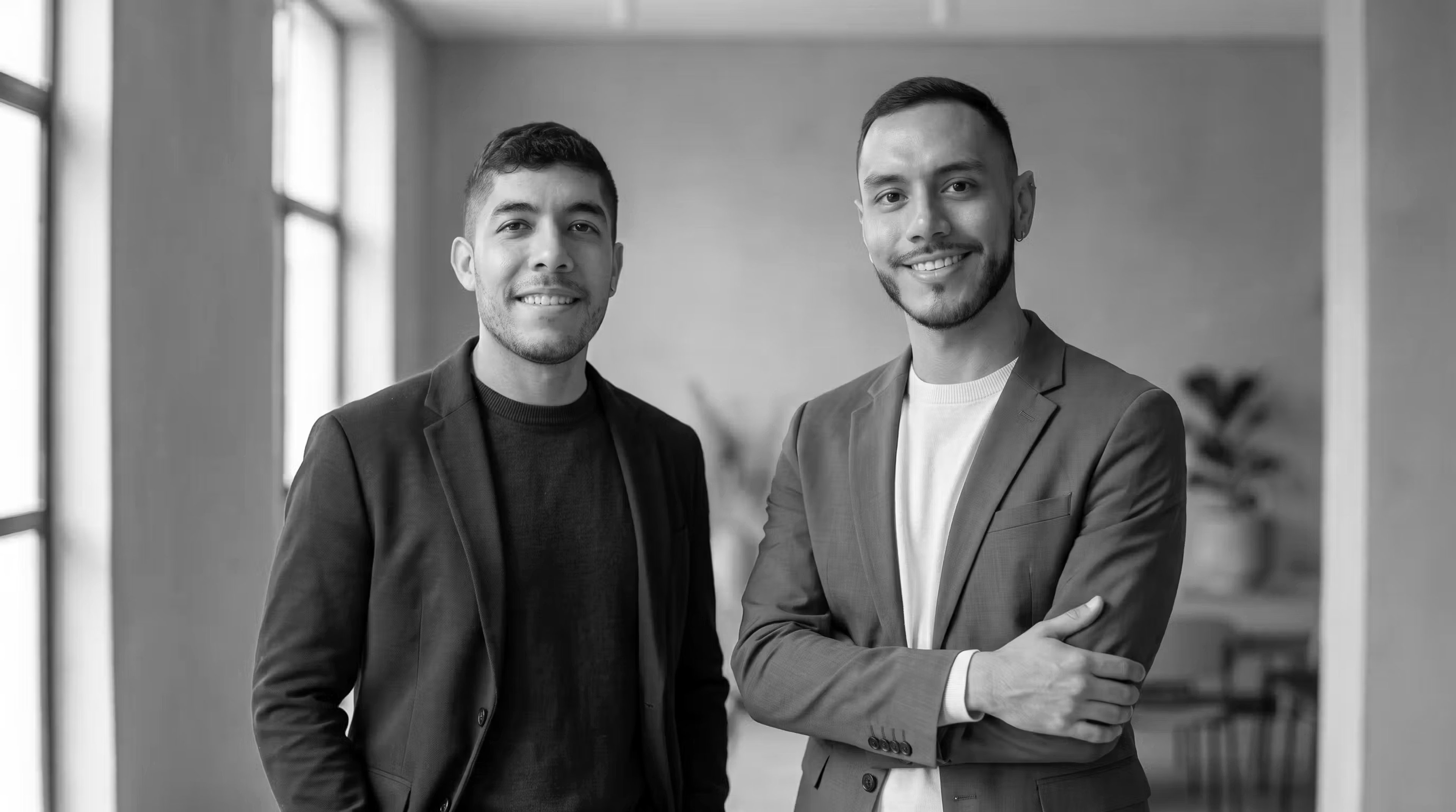 Retrato a blanco y negro de los dos socios detrás de Pio.