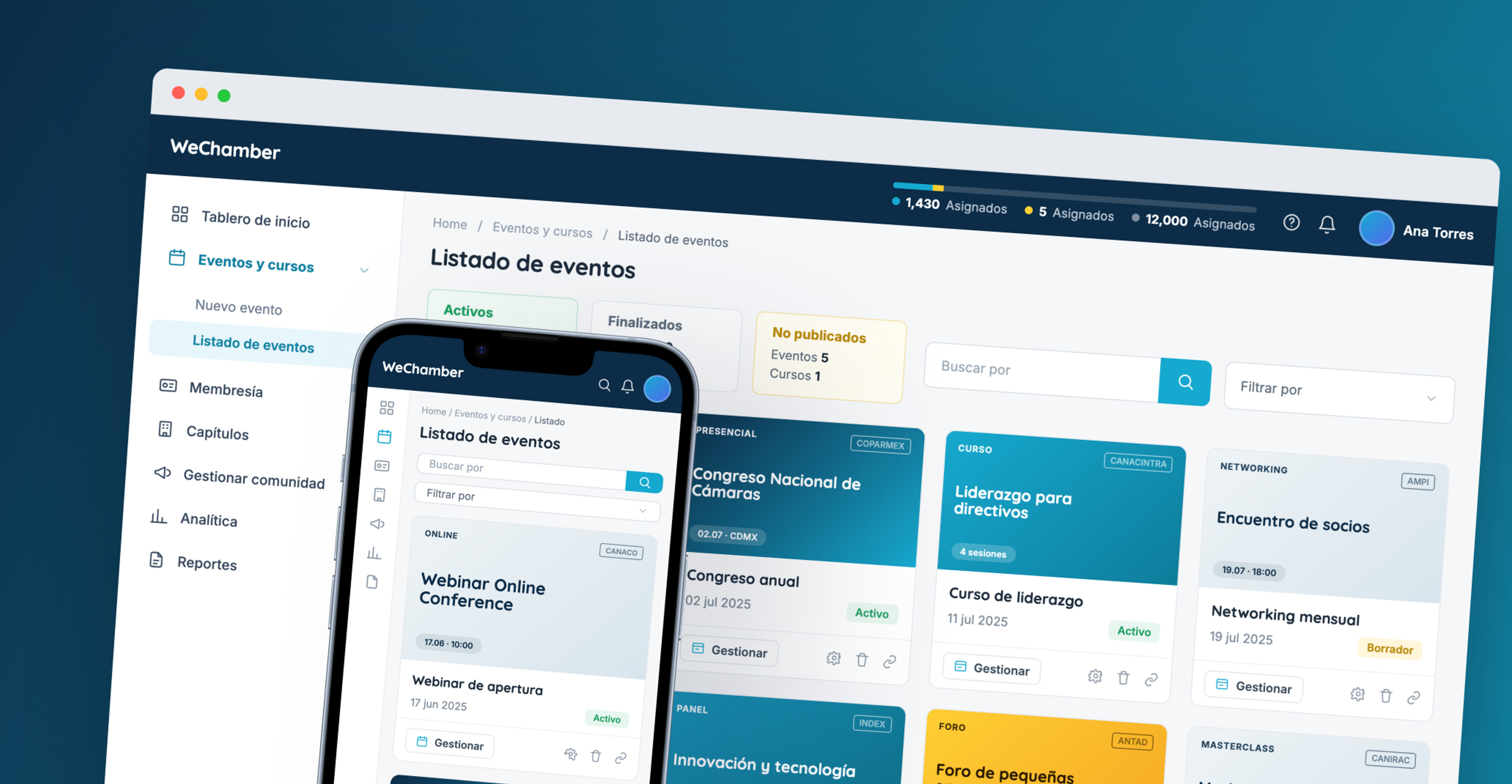 Prototipo de plataforma WeChamber para gestión de eventos y membresías vista en laptop y móvil.