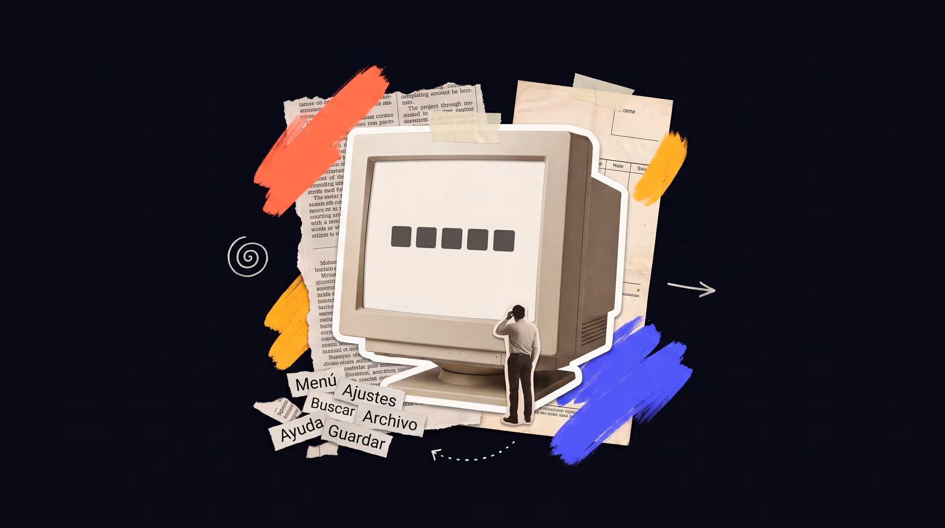 Collage: monitor de PC antiguo con la pantalla casi vacía y una barra de iconos ambigua; los botones útiles aparecen en recortes de papel cortados en un montón y una hombre observa perdido a la pantalla
