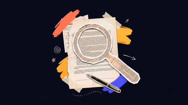 Ilustración tipo collage: una lupa examina la letra pequeña de un contrato antes de firmar.