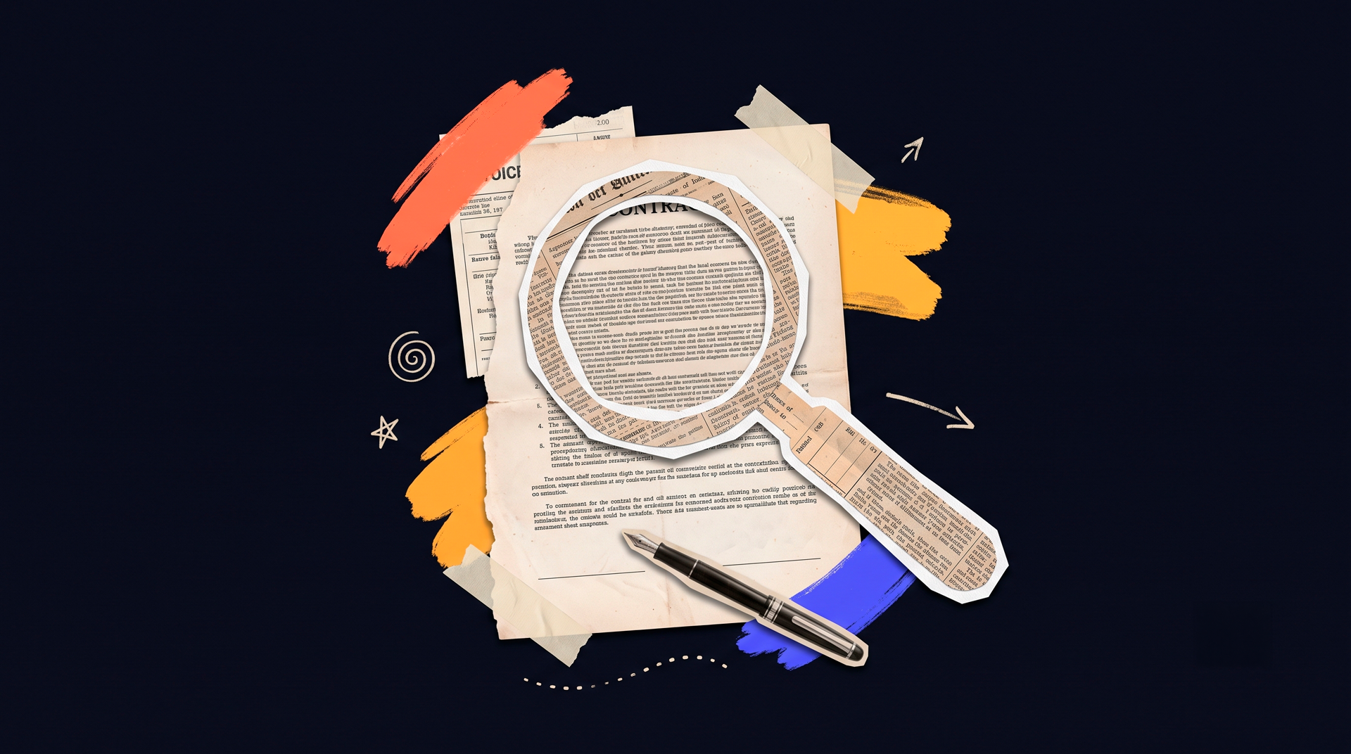 Ilustración tipo collage: una lupa examina la letra pequeña de un contrato antes de firmar.