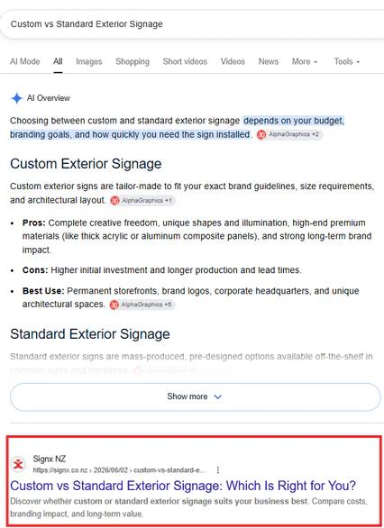 Google search results showing Signx NZ on page one for custom versus standard exterior signage.