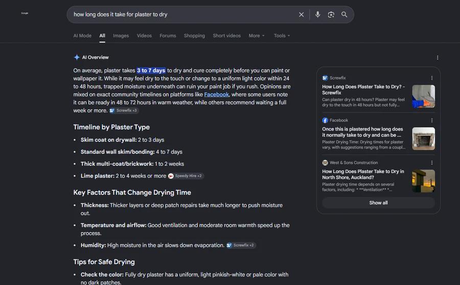 Google AI Overview search result showing West and Sons Construction cited for plaster drying time.