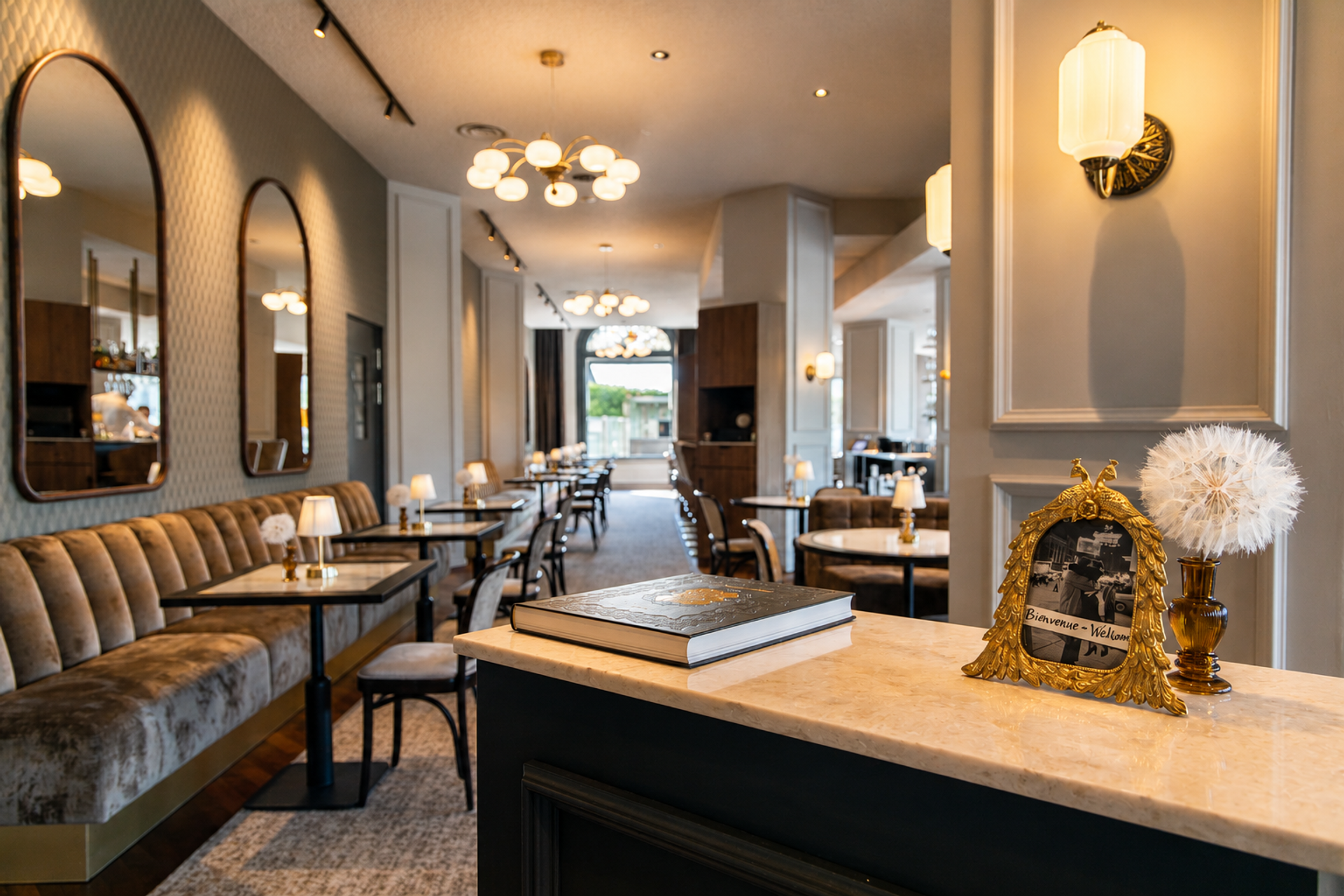 Elegant interieur van Brasserie Bresson bij Hotel de Zon in Ommen met gouden tafellampen, fluwelen stoelen en uitzicht op de Vecht