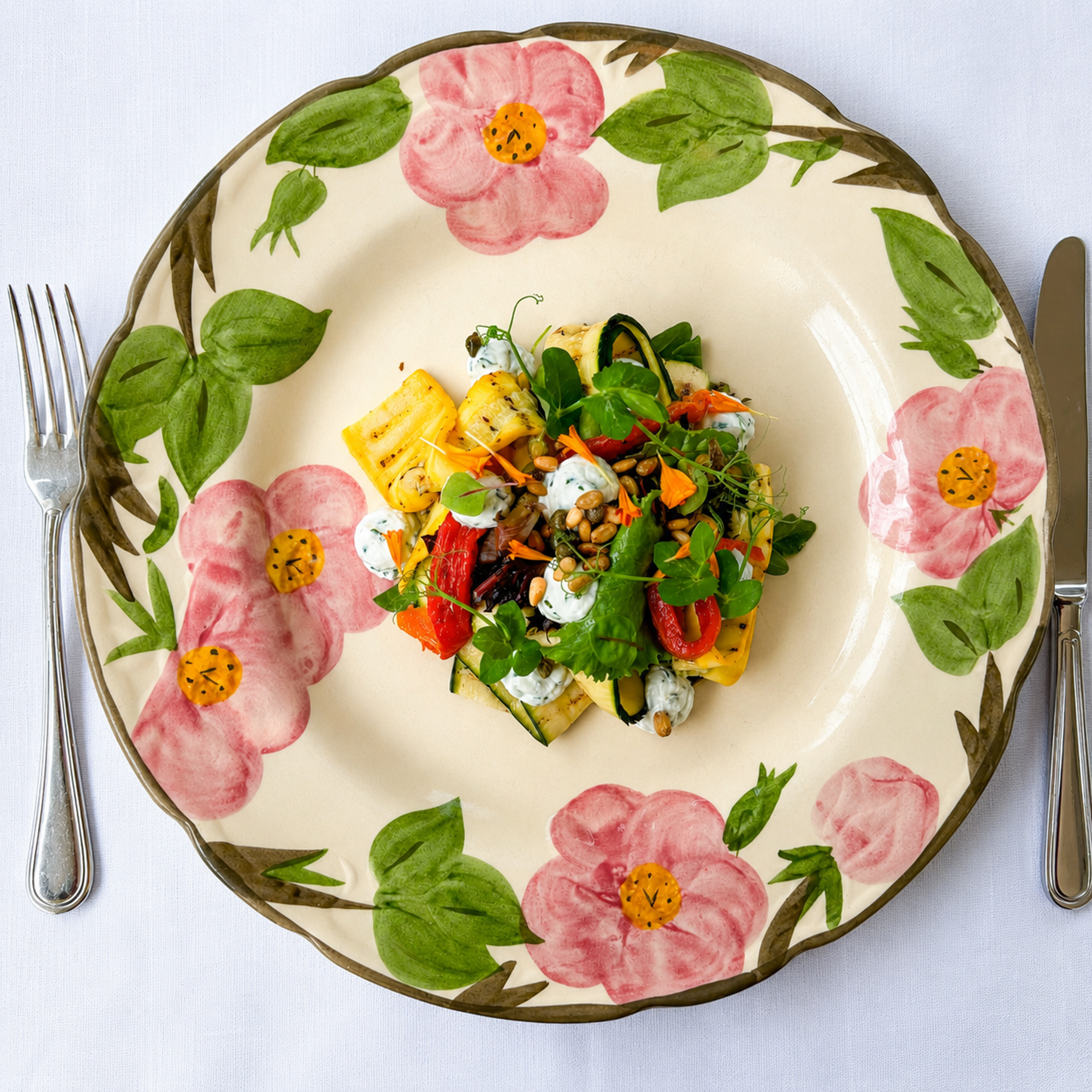 Gegrilde groenten met ricotta, pijnboompitten en microgreens op een handbeschilderd bloemenbord bij restaurant Luigi's in Winselerhof