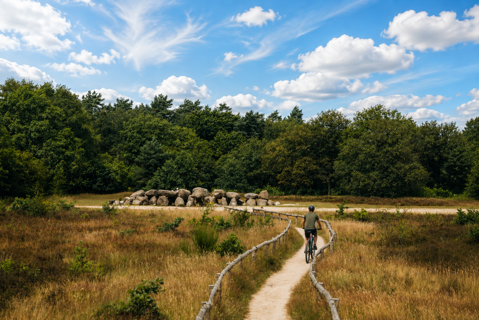 Fietser bij een hunebed in het Drentse landschap van de Hondsrug