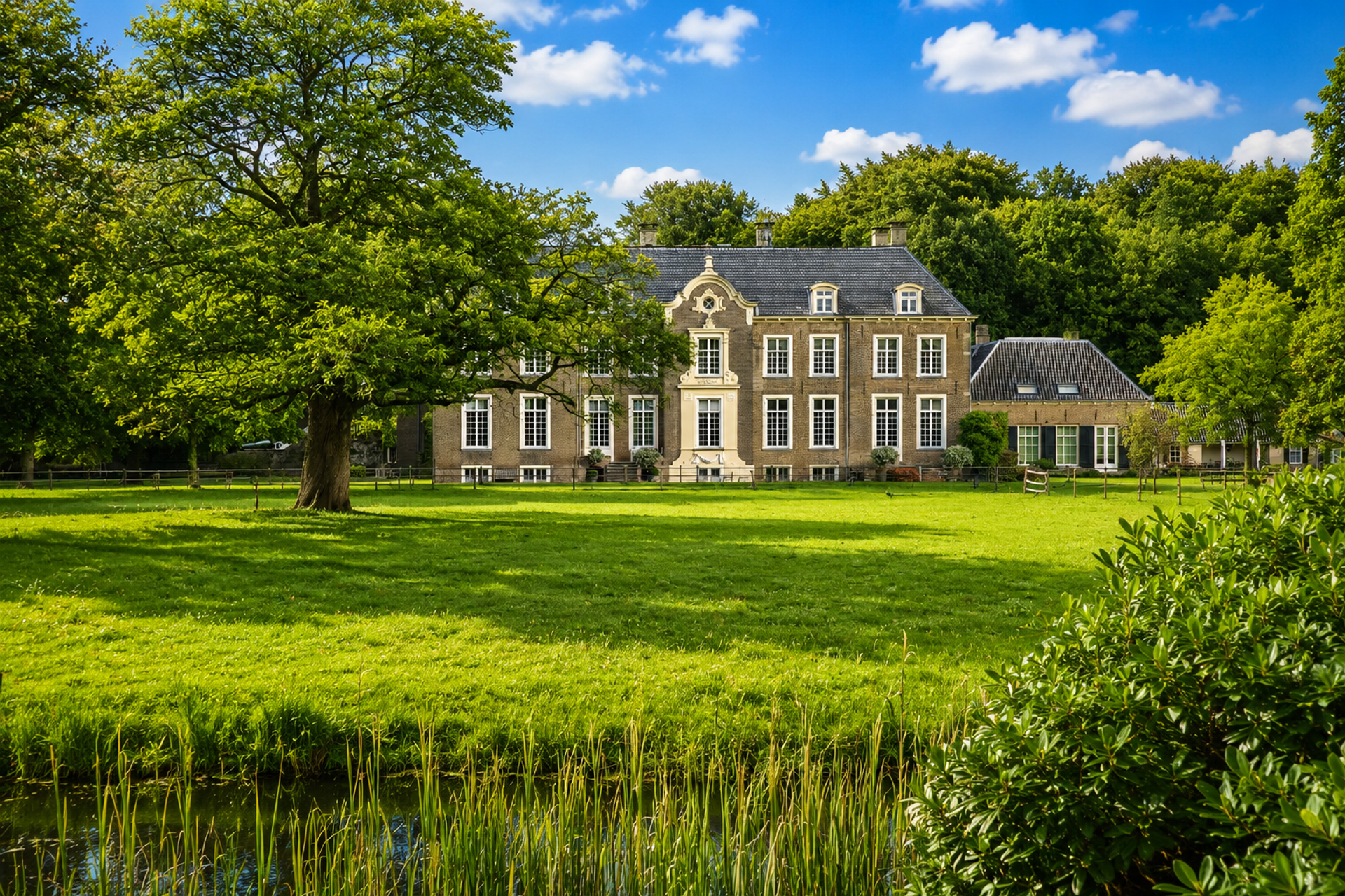 Radfahrer auf einer schattigen Allee mit alten Buchen auf dem Landgut Ampsen, das weiße Schloss in der Ferne sichtbar