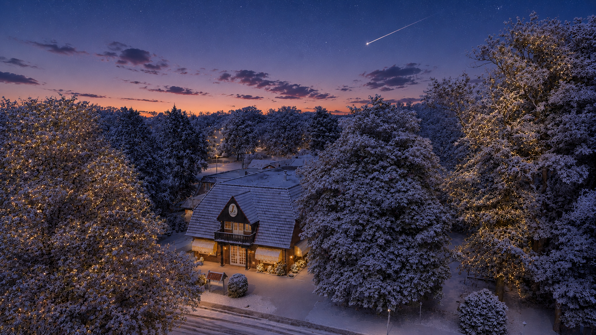 Wintersonnenuntergang Ootmarsum. Hotel de Landmarke.