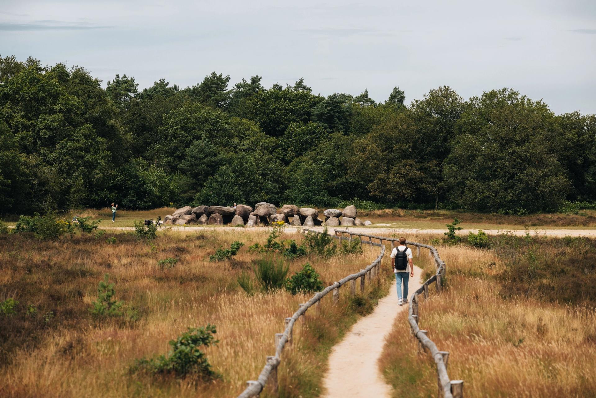 Een hunebed van zwerfkeien aan de rand van een bospad bij Odoorn met herfstkleuren