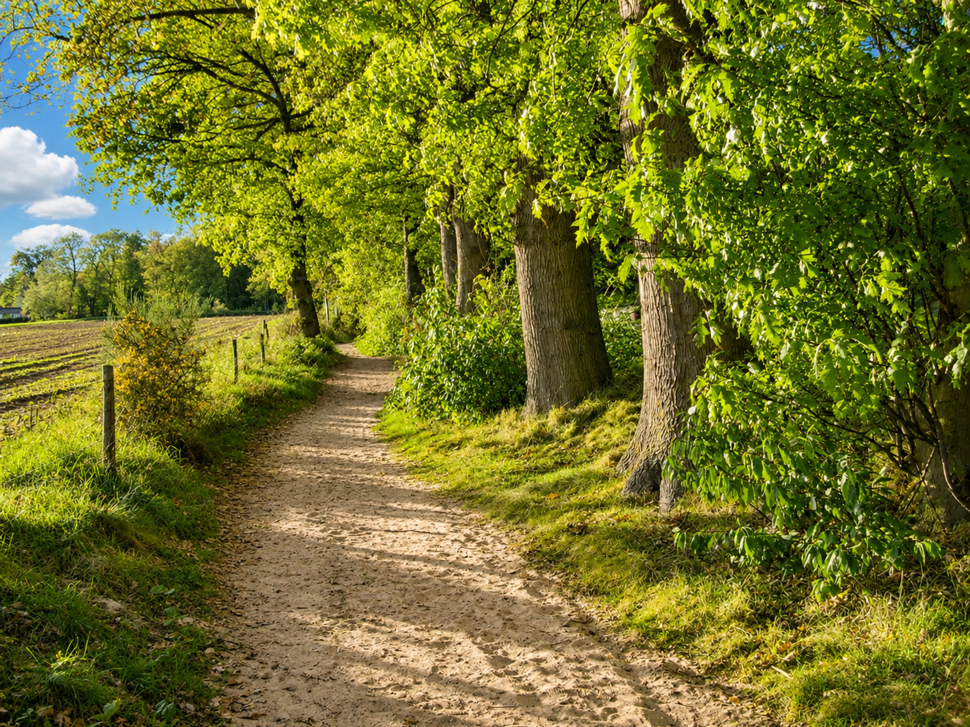 Zandpad door beuken- en eikenbos op de Lochemse Berg met de uitkijktoren Belvédère tussen de stammen