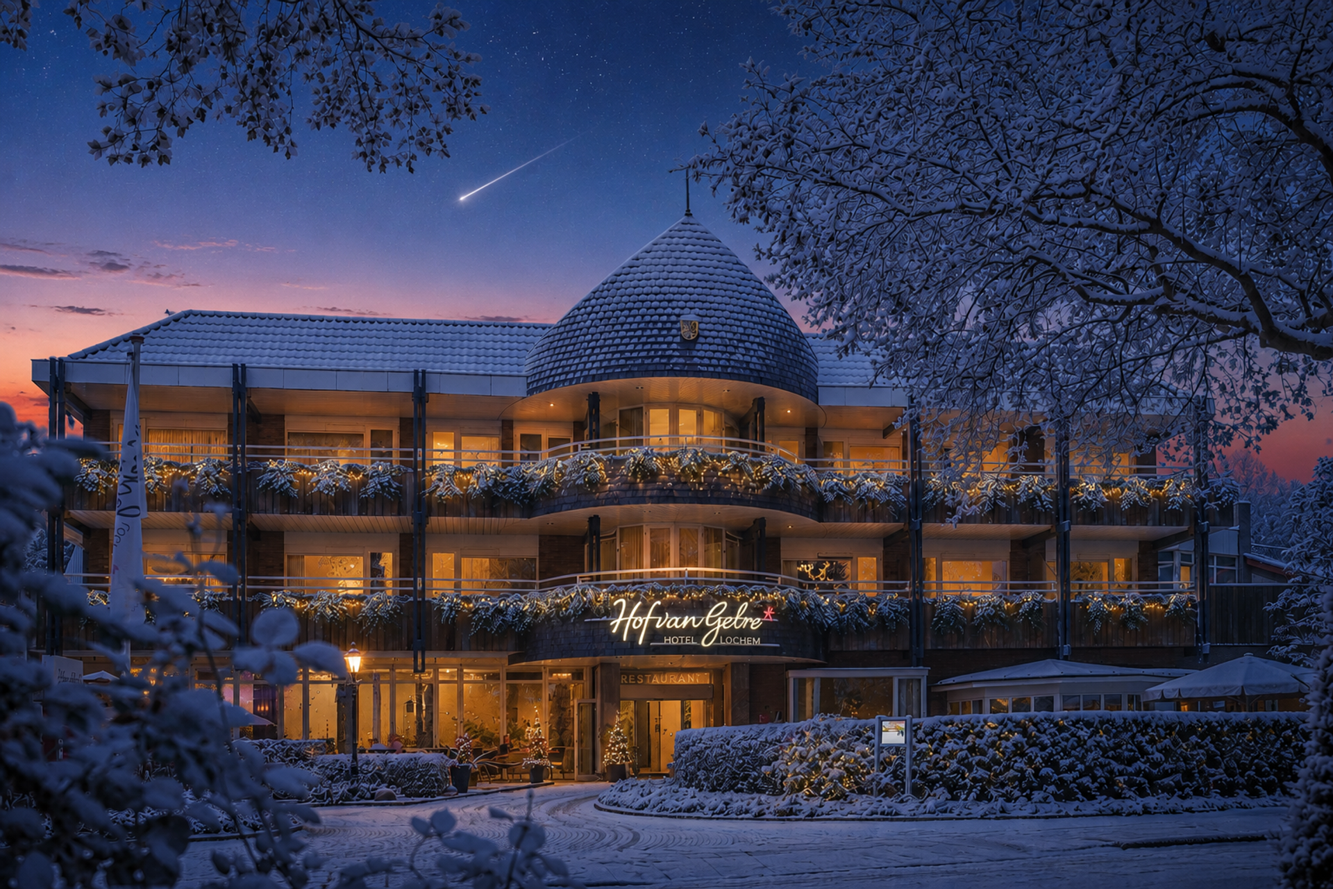 Wintersonnenuntergang im Hotel Hof van Gelre. Lochem.