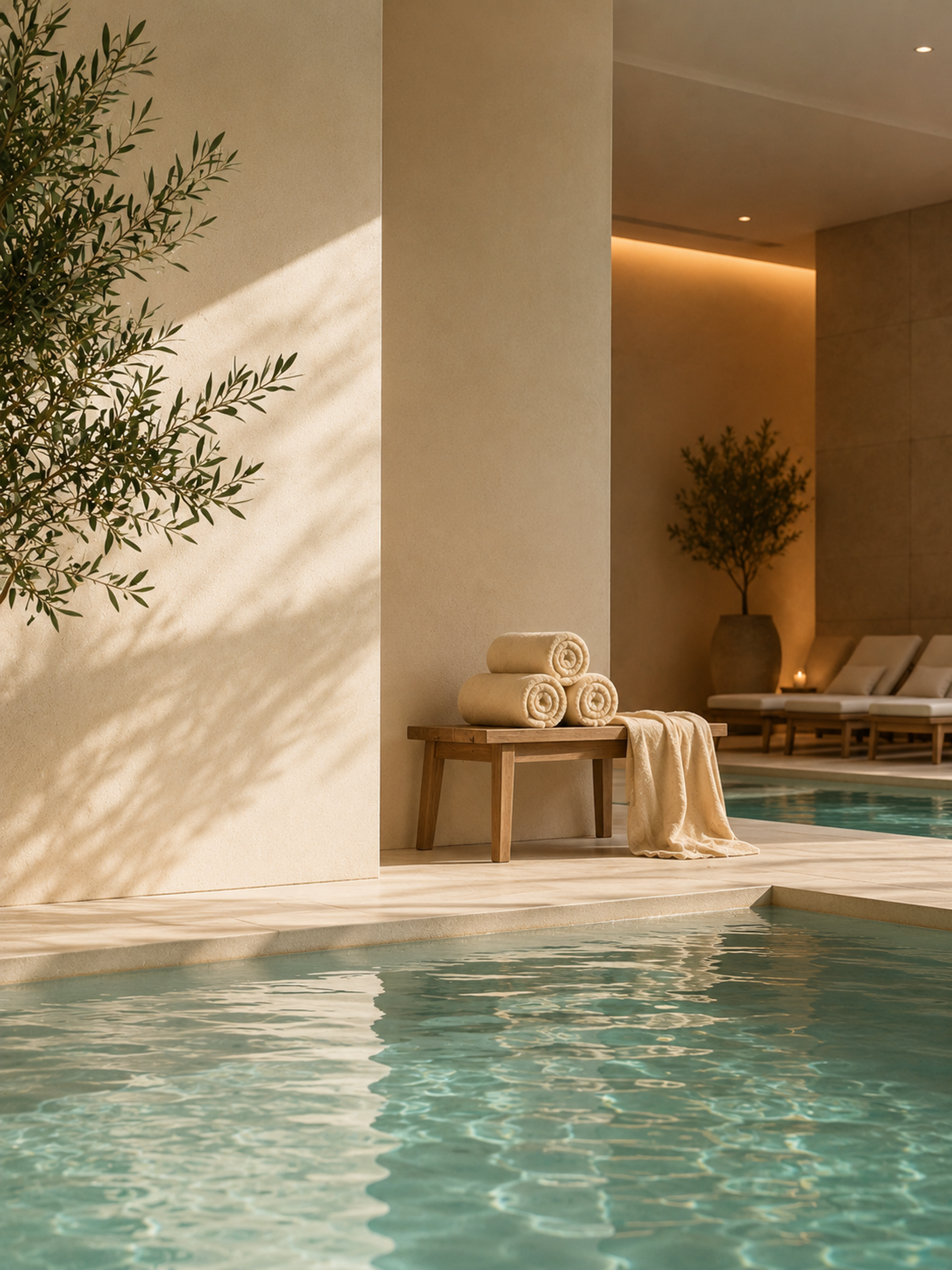 Luxe wellnessruimte met binnenzwembad, ligbedden, zachte verlichting en opgerolde handdoeken in een rustgevende spa-omgeving.