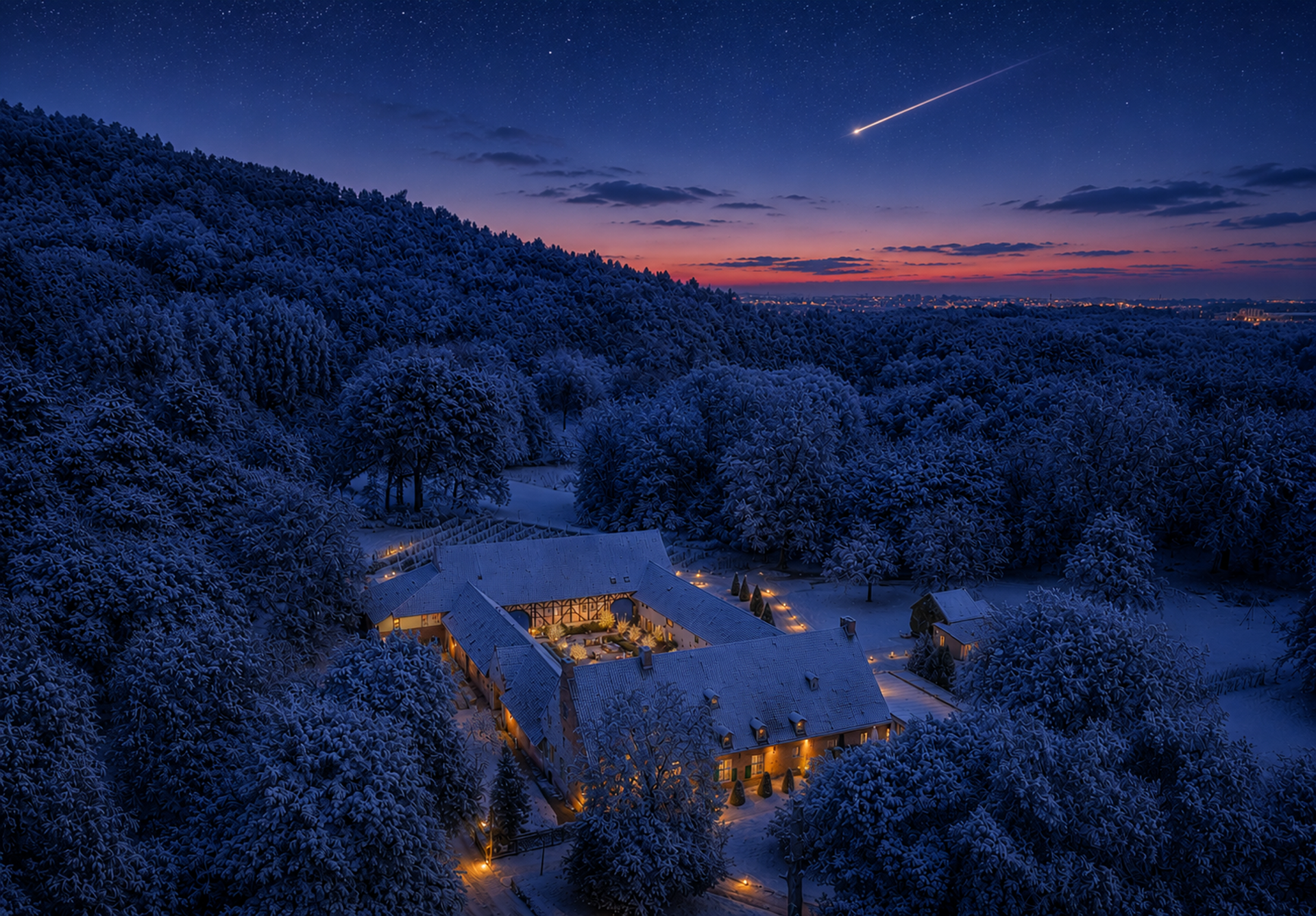 Zon ondergang bij Hotel Winselerhof. Winter op het landgoed. 