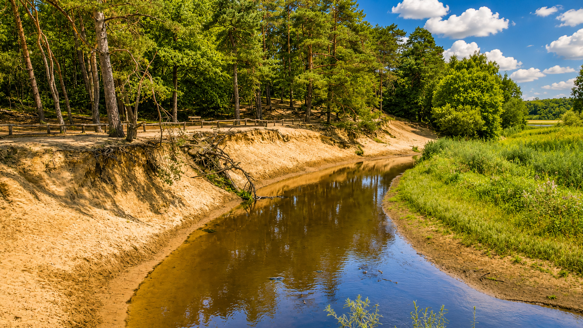 Een vrij meanderende rivier langs steile zandoevers, stuifzand, jeneverbes en dennenbossen.