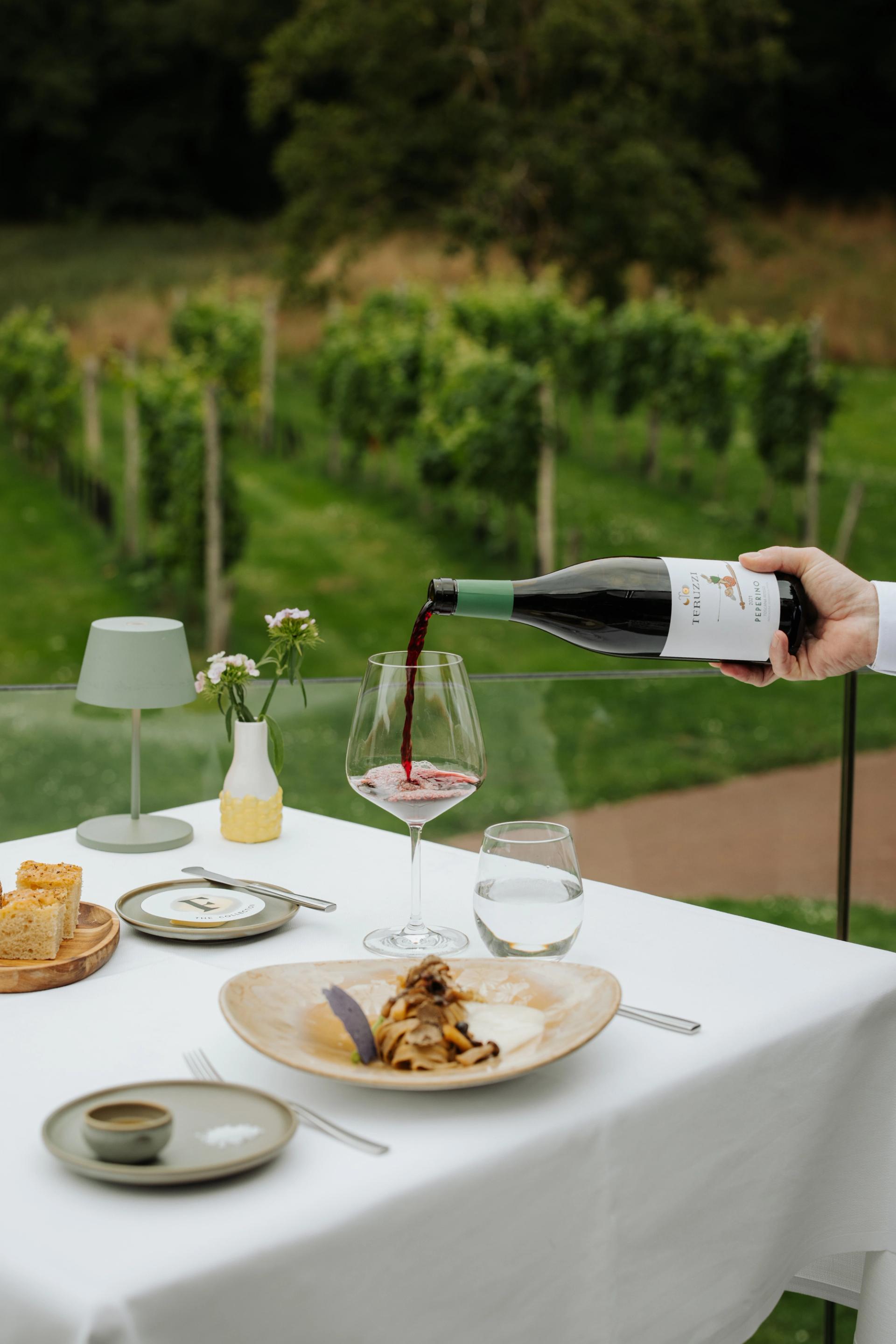 Italiaans diner op het terras van restaurant Pirandello bij Hotel Winselerhof in Landgraaf, met uitzicht op de wijngaard – een glas rode wijn wordt ingeschonken bij een bord verse pasta, brood en een karaf water op een wit gedekte tafel.