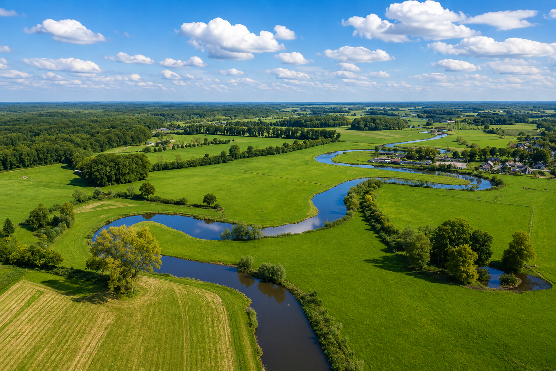 Fietspad langs de meanderende rivier de Berkel met rietkragen en knotwilgen onder een wijde Achterhoekse lucht