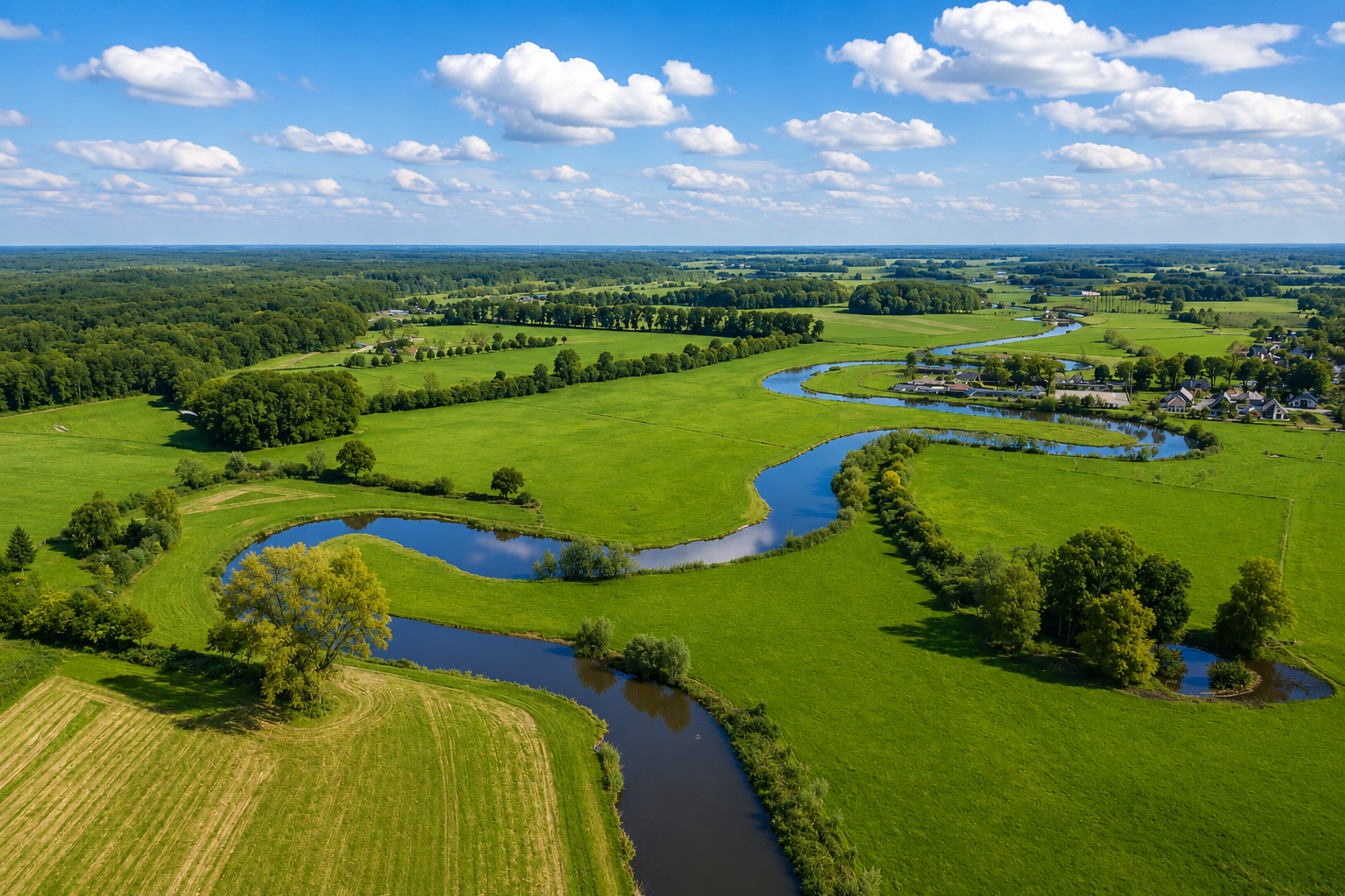 Fietspad langs de meanderende rivier de Berkel met rietkragen en knotwilgen onder een wijde Achterhoekse lucht