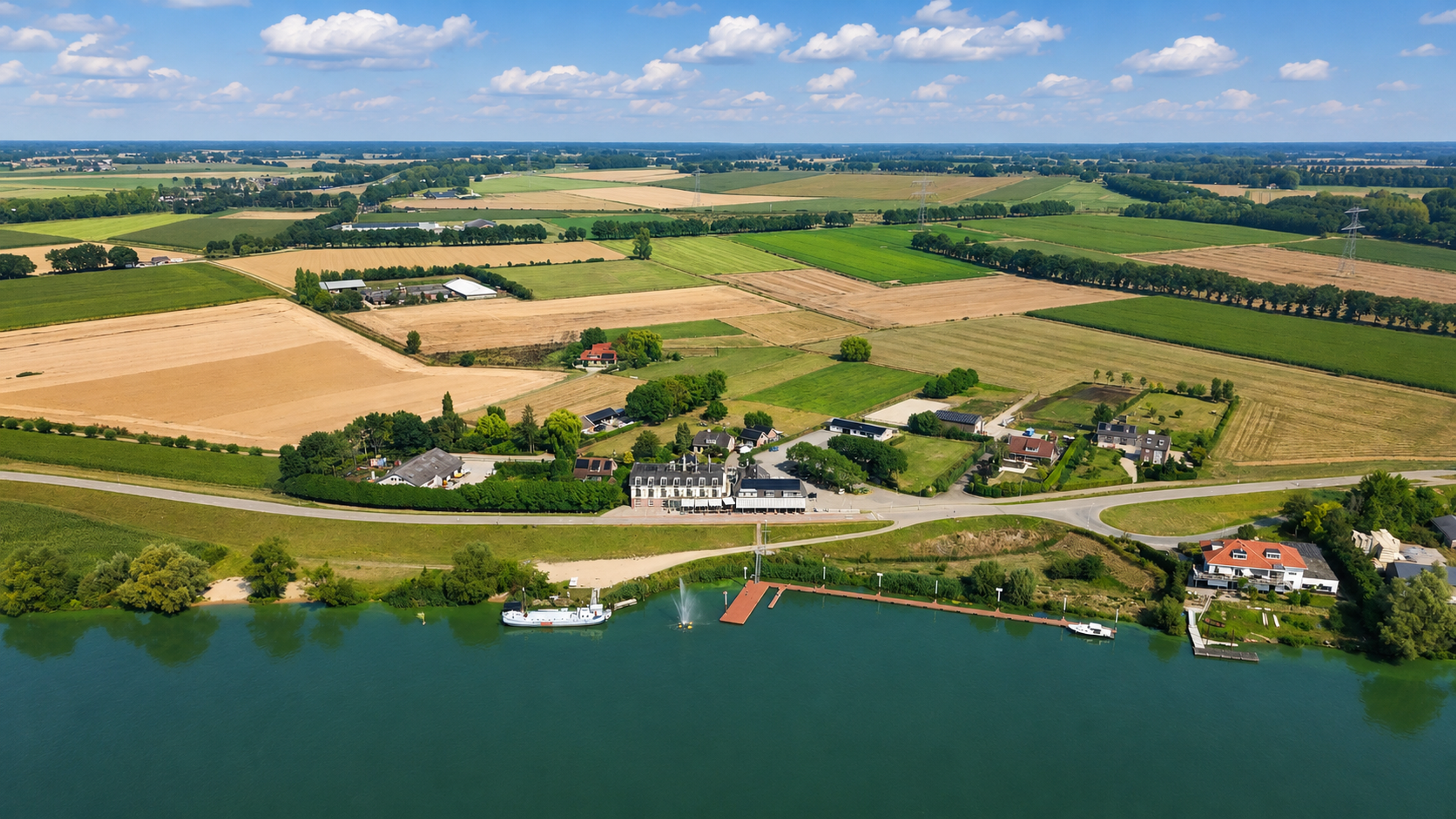 Luchtfoto van Hotel Hoogeerd in Niftrik aan recreatieplas De Gouden Ham, omringd door het rivierlandschap van het Land van Maas en Waal.