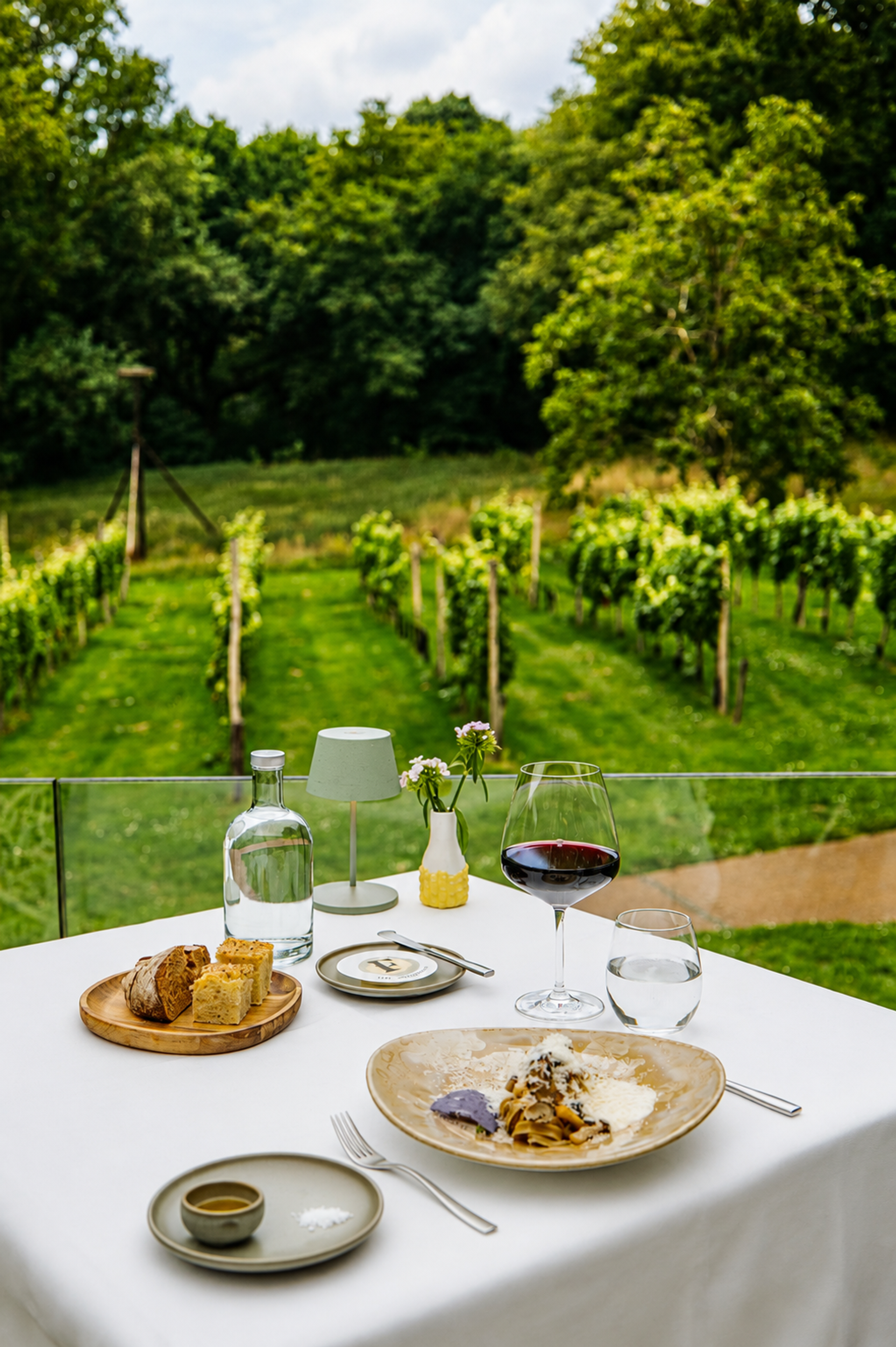 Set table on the terrace of restaurant Pirandello at Winselerhof with pasta, red wine and views of the vineyard