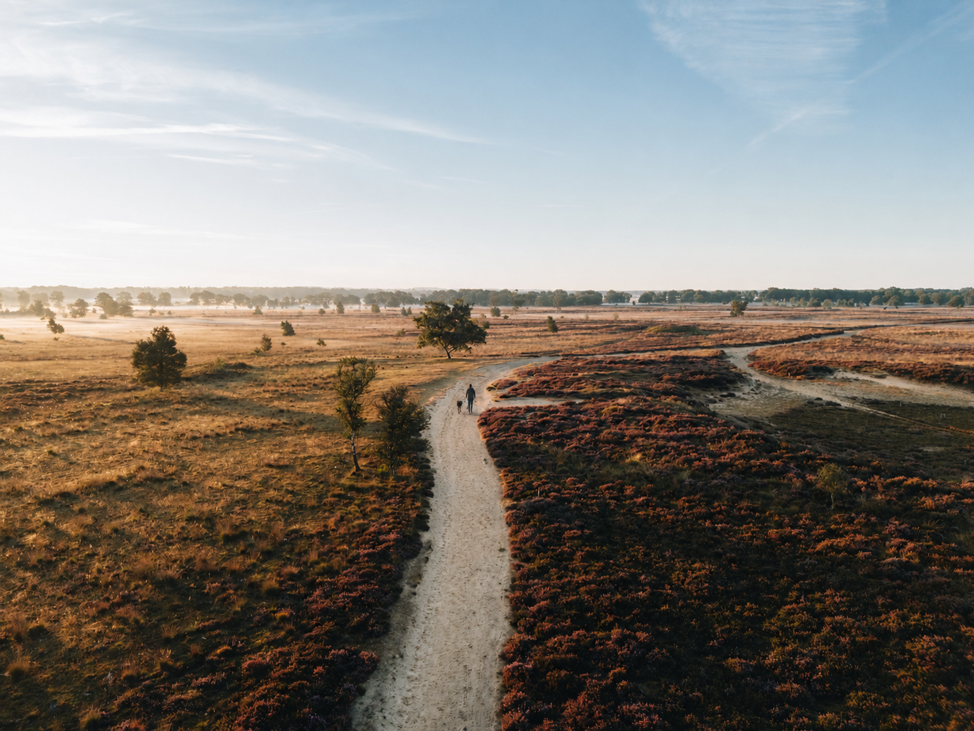 Hond loopt vrolijk over een zandpad door dennenbos en heide in Drenthe