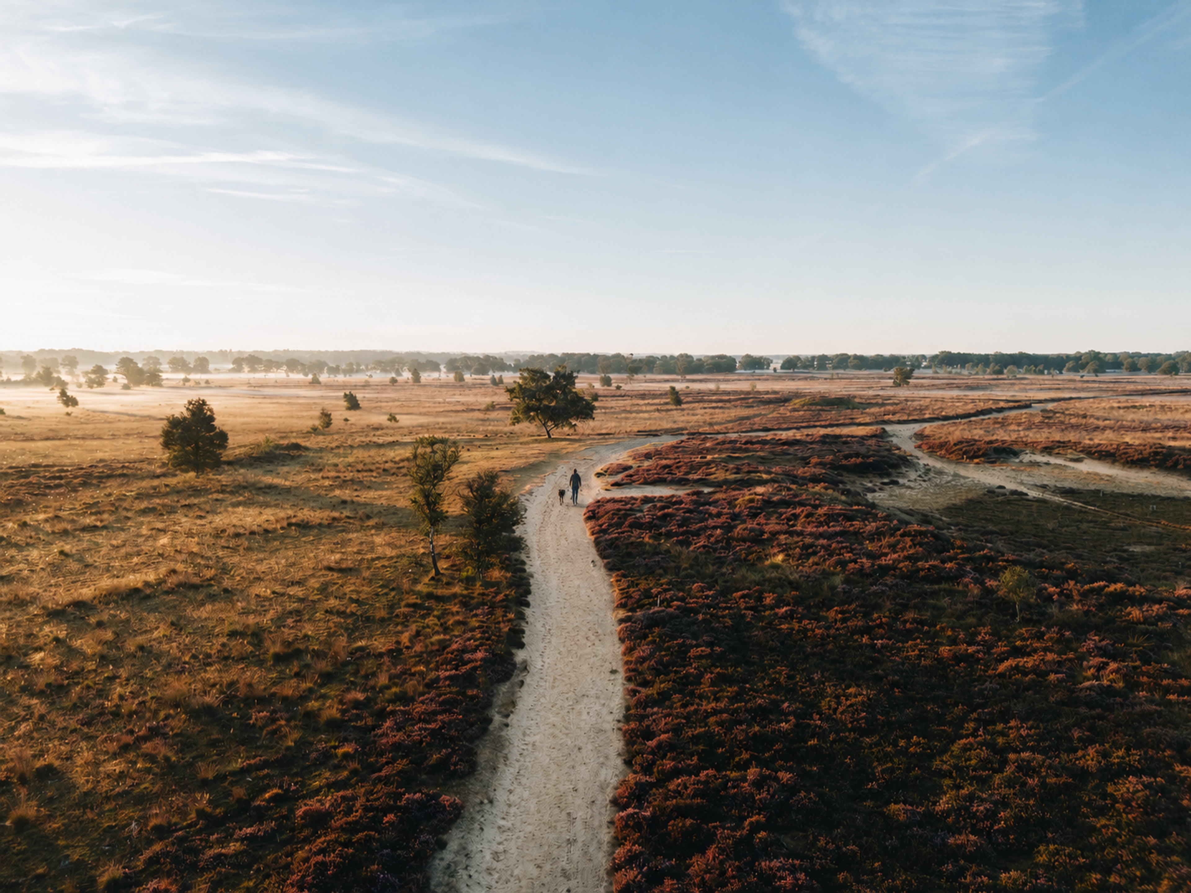 Hond loopt vrolijk over een zandpad door dennenbos en heide in Drenthe