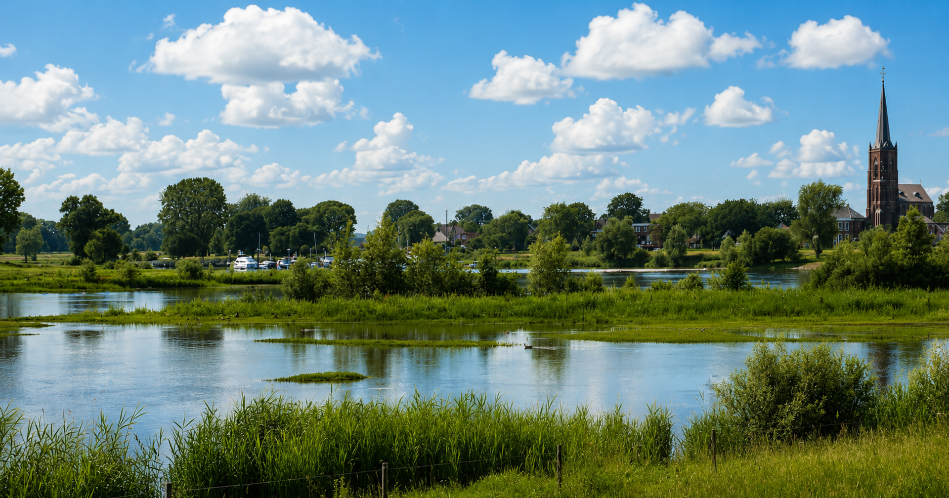 Waterrijke uiterwaard met nevengeul en vogels in de Liendense Waard tussen Batenburg en Niftrik
