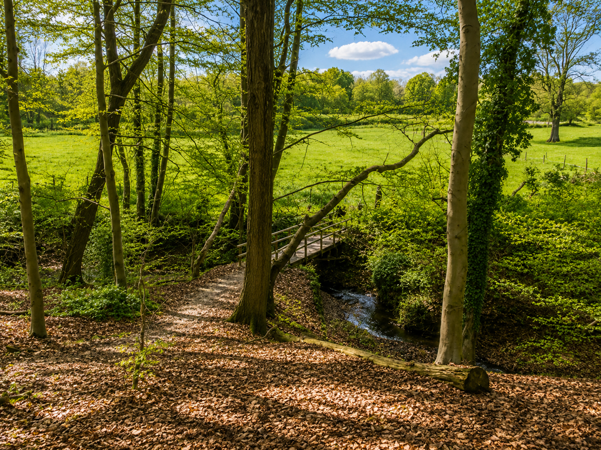Glooiend beekdal met een smal pad langs een bosrand, ochtendlicht tussen de bomen in het Strijthagerbeekdal bij Landgraaf