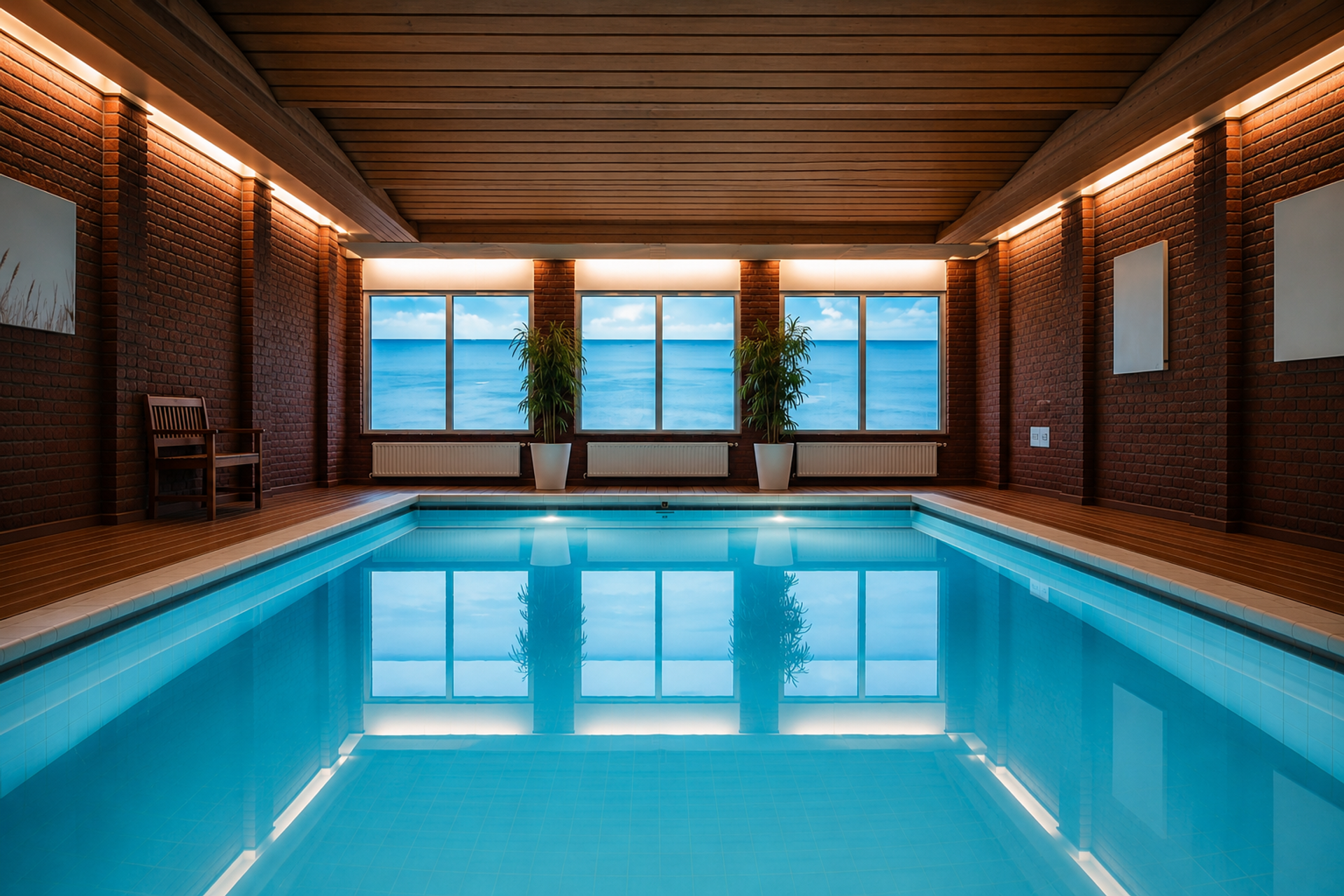 Binnenzwembad met houten plafond en sfeerverlichting bij Hotel Hof van Gelre in Lochem, Achterhoek