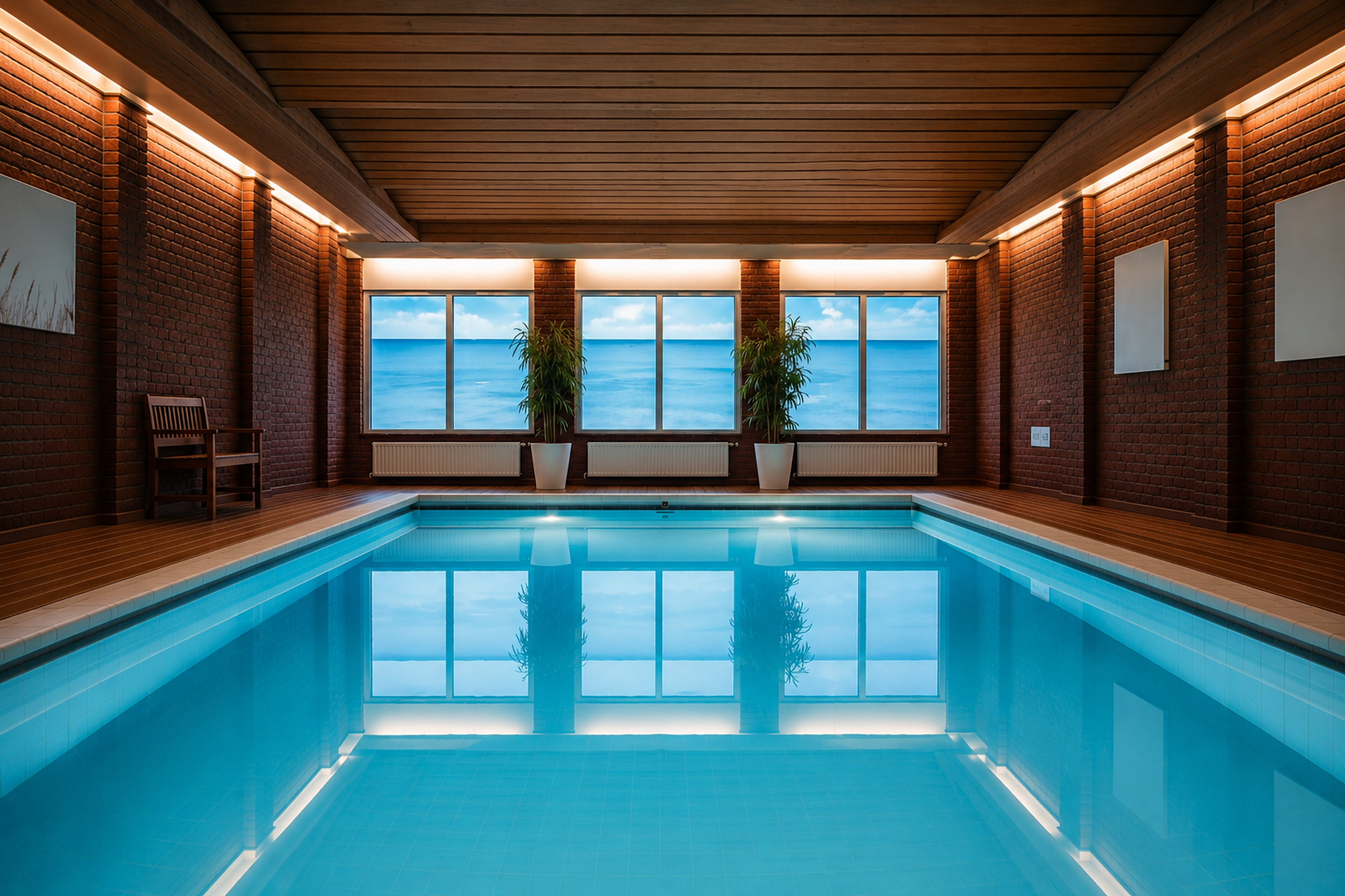Binnenzwembad met houten plafond en sfeerverlichting bij Hotel Hof van Gelre in Lochem, Achterhoek