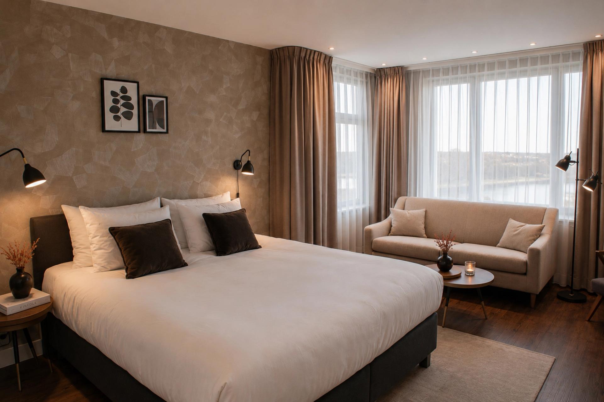Moderne suite met kingsize bed, zithoek en uitzicht op de Vecht — Hotel de Zon, Ommen