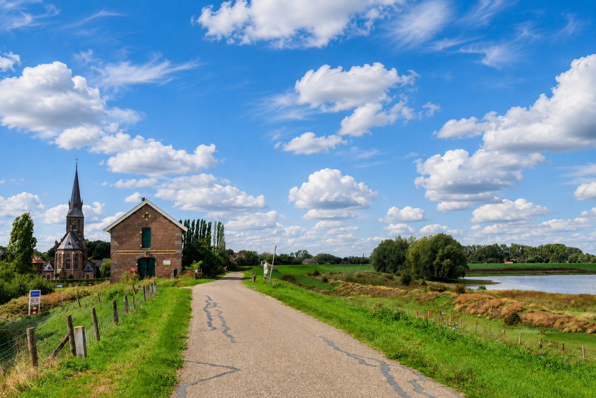 Fietspad over een groene rivierdijk in het Land van Maas en Waal, met polders aan de ene en de rivier aan de andere kant