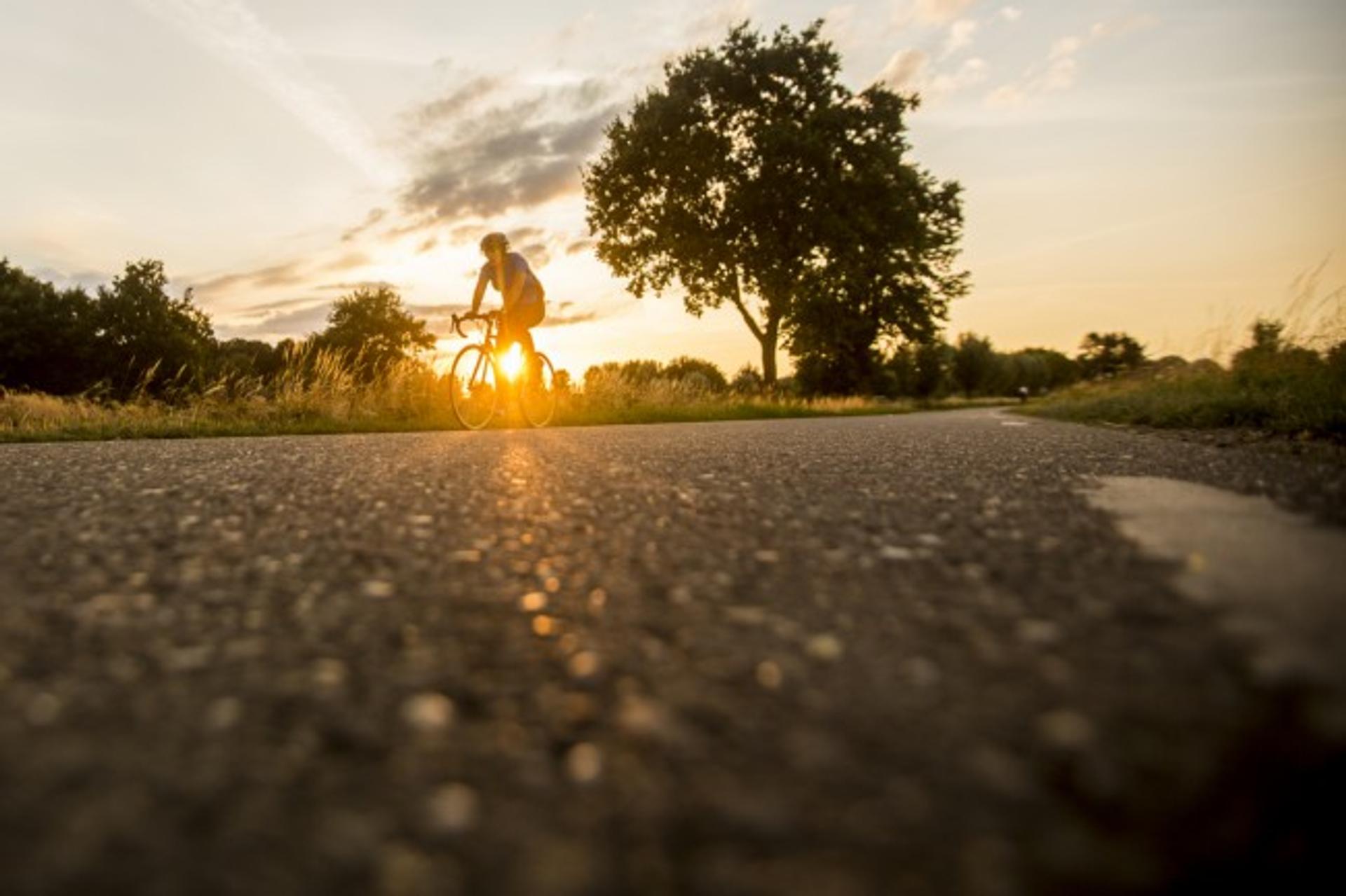 Wielrenner in het Zuid-Limburgse heuvelland bij zonsondergang