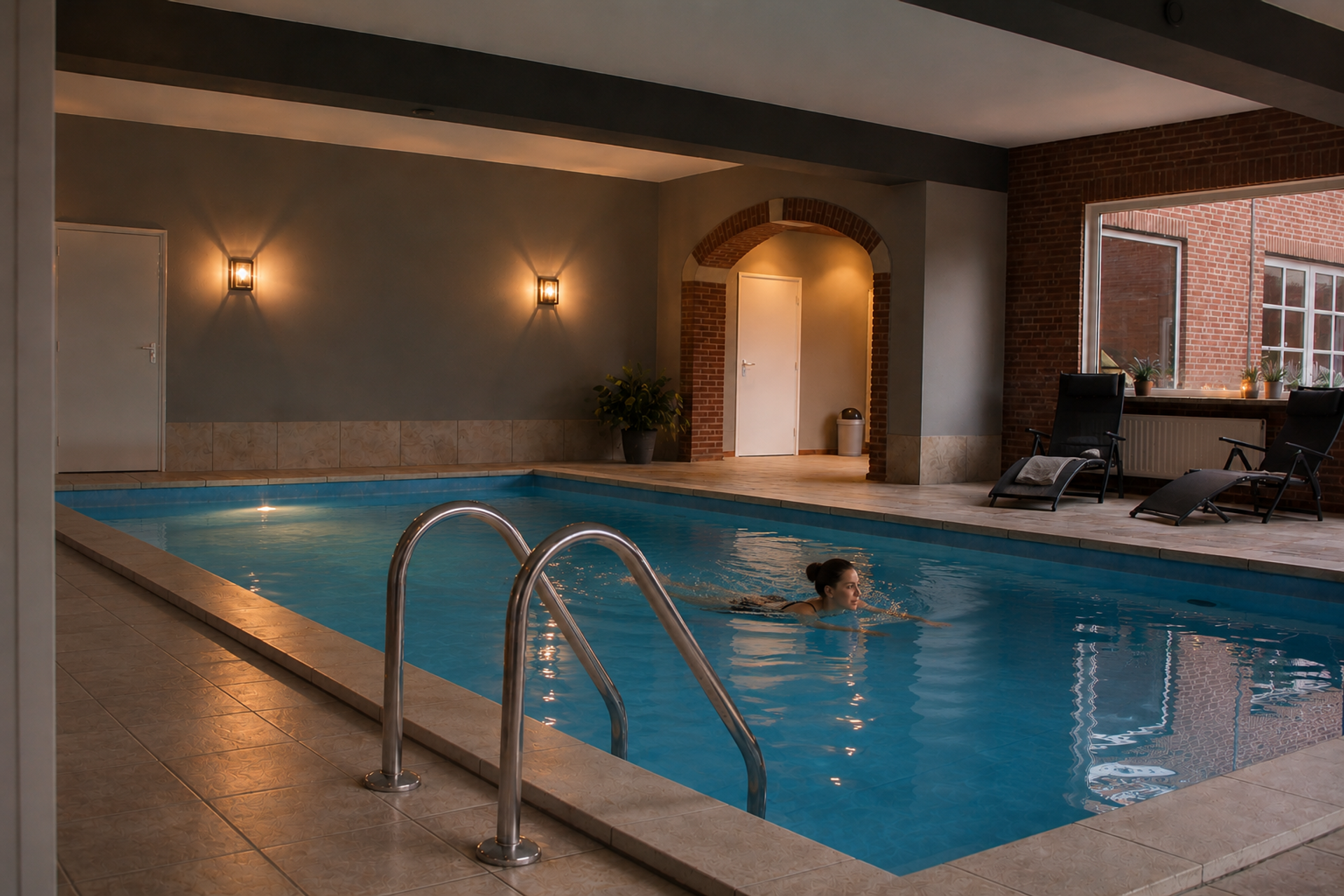 Stimmungsvolles Hallenbad mit warmem Licht und Backsteinbogen im Hotel de Landmarke in Ootmarsum, Twente