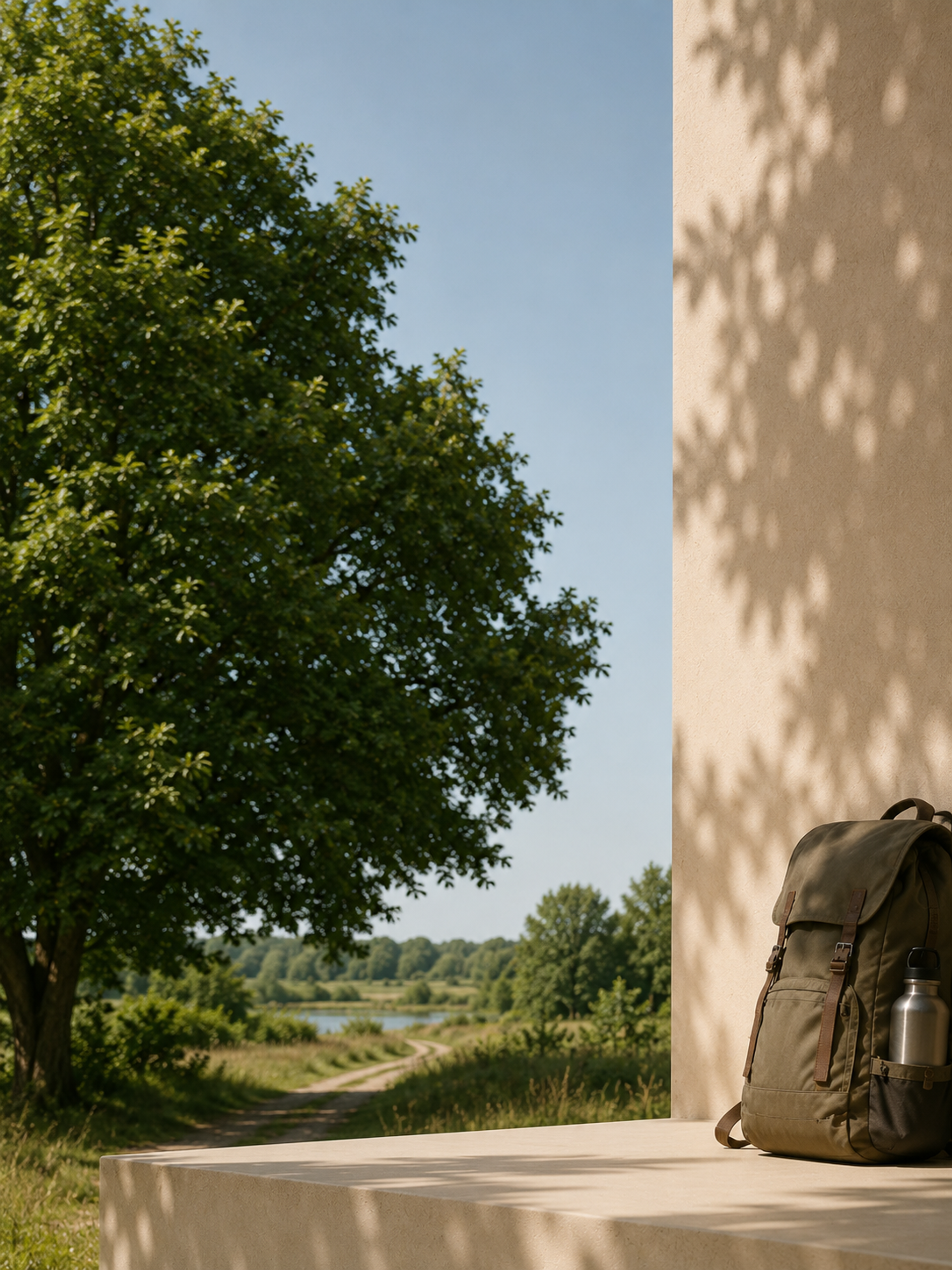 Rugzak bij een wandelpad in een groene, natuurlijke omgeving, klaar voor een etappe van het Pieterpad.