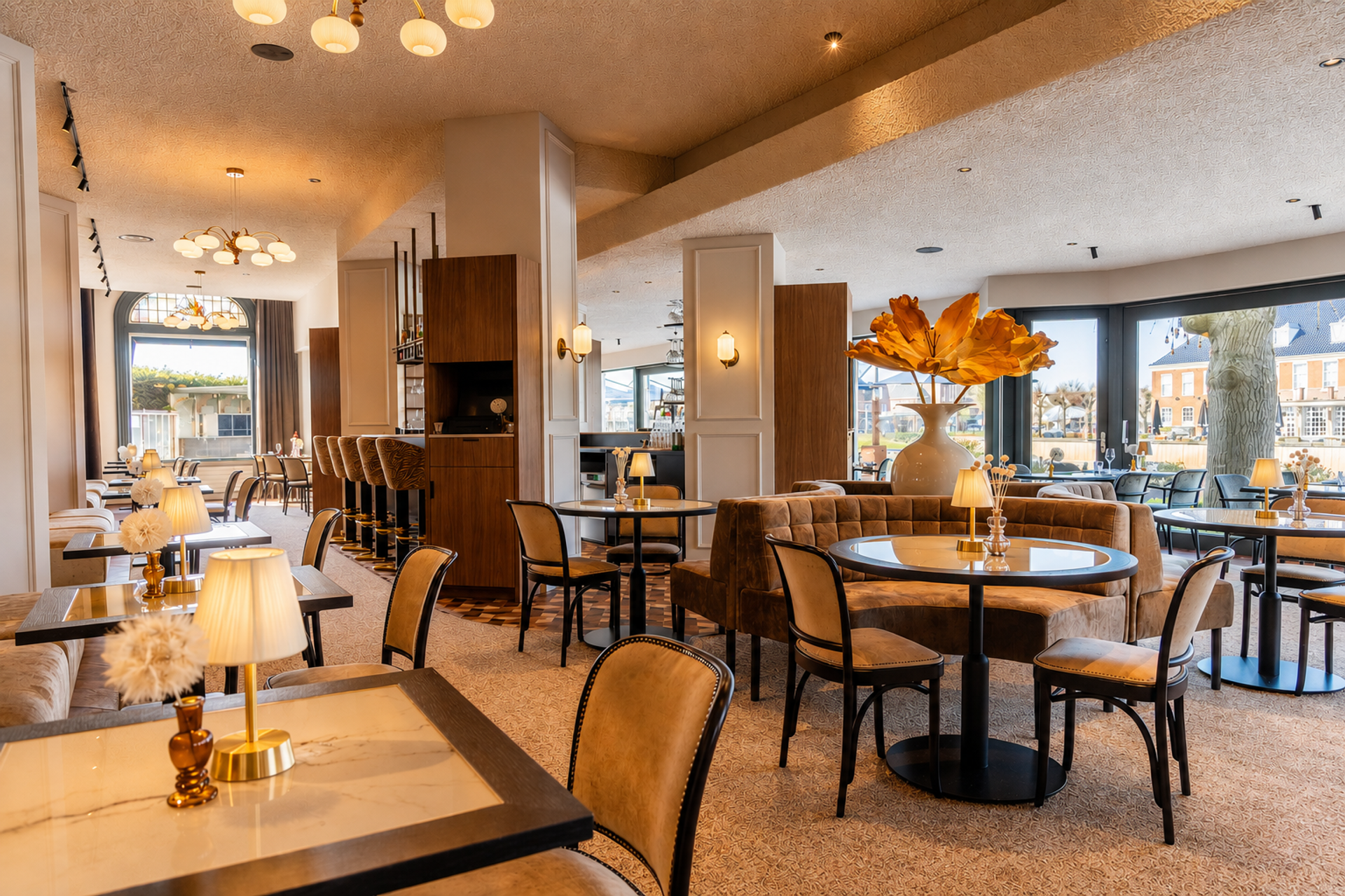Elegant interieur van Brasserie Bresson in Ommen — ronde tafels, boogspiegels en warme sfeerverlichting