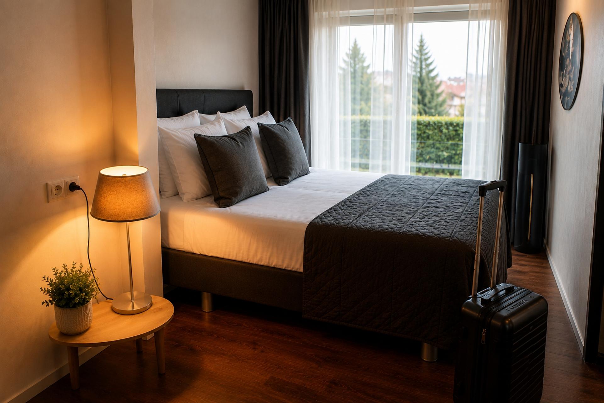 Hotelkamer met tweepersoonsbed en uitzicht op het groen bij Hotel Hof van Gelre in Lochem, Achterhoek