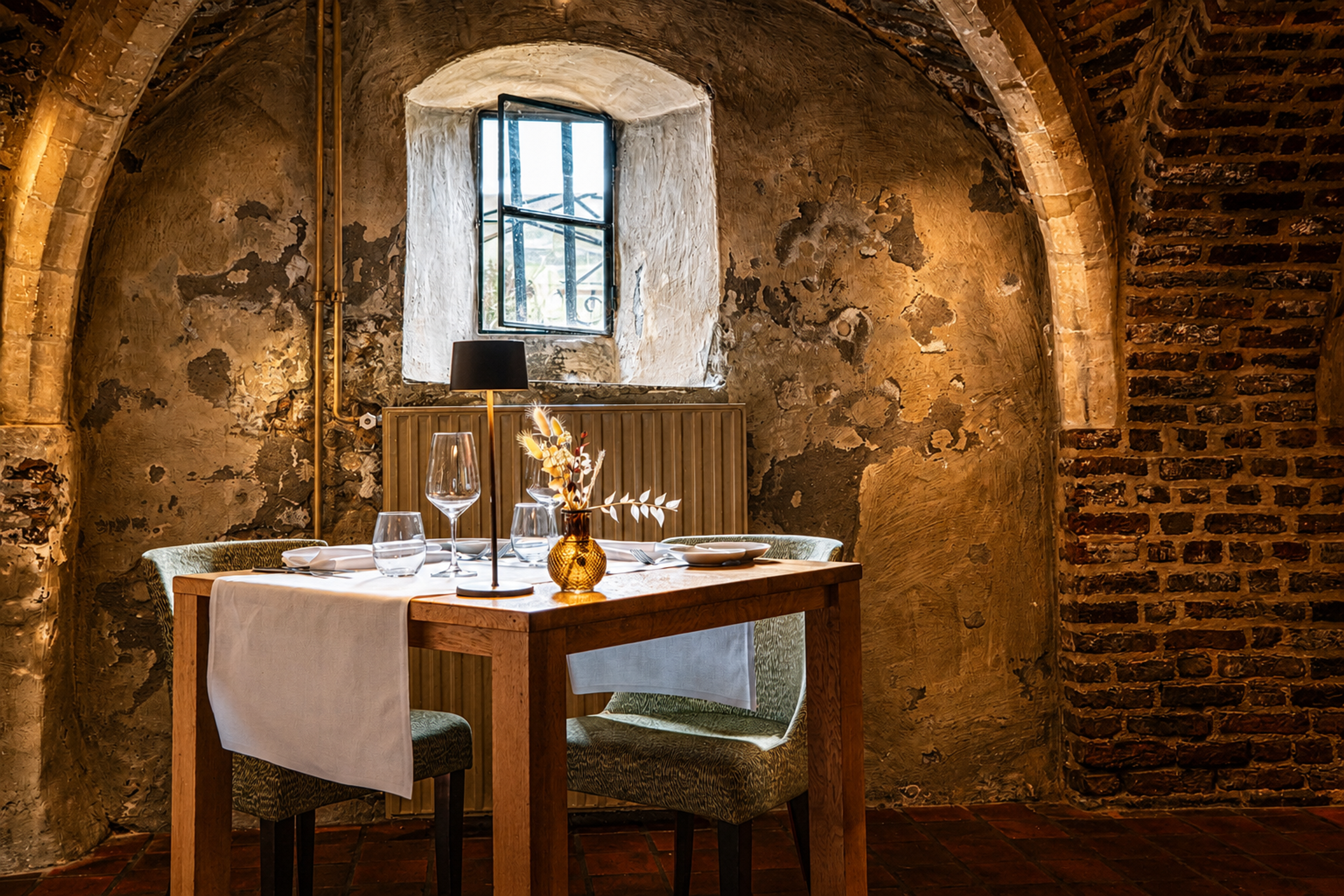 Intiem gedekte tafel in het historische gewelfde restaurant Luigi's in Winselerhof, met bakstenen bogen en een gouden tafellamp